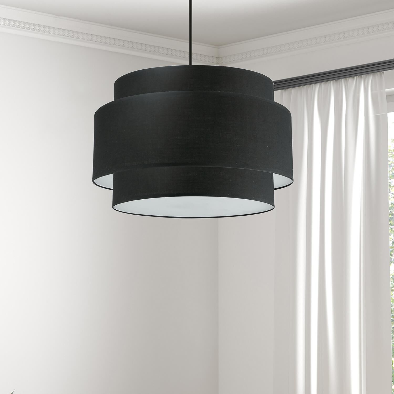 Shown in Matte Black and Black and White finish and Black Fabric Drum shade