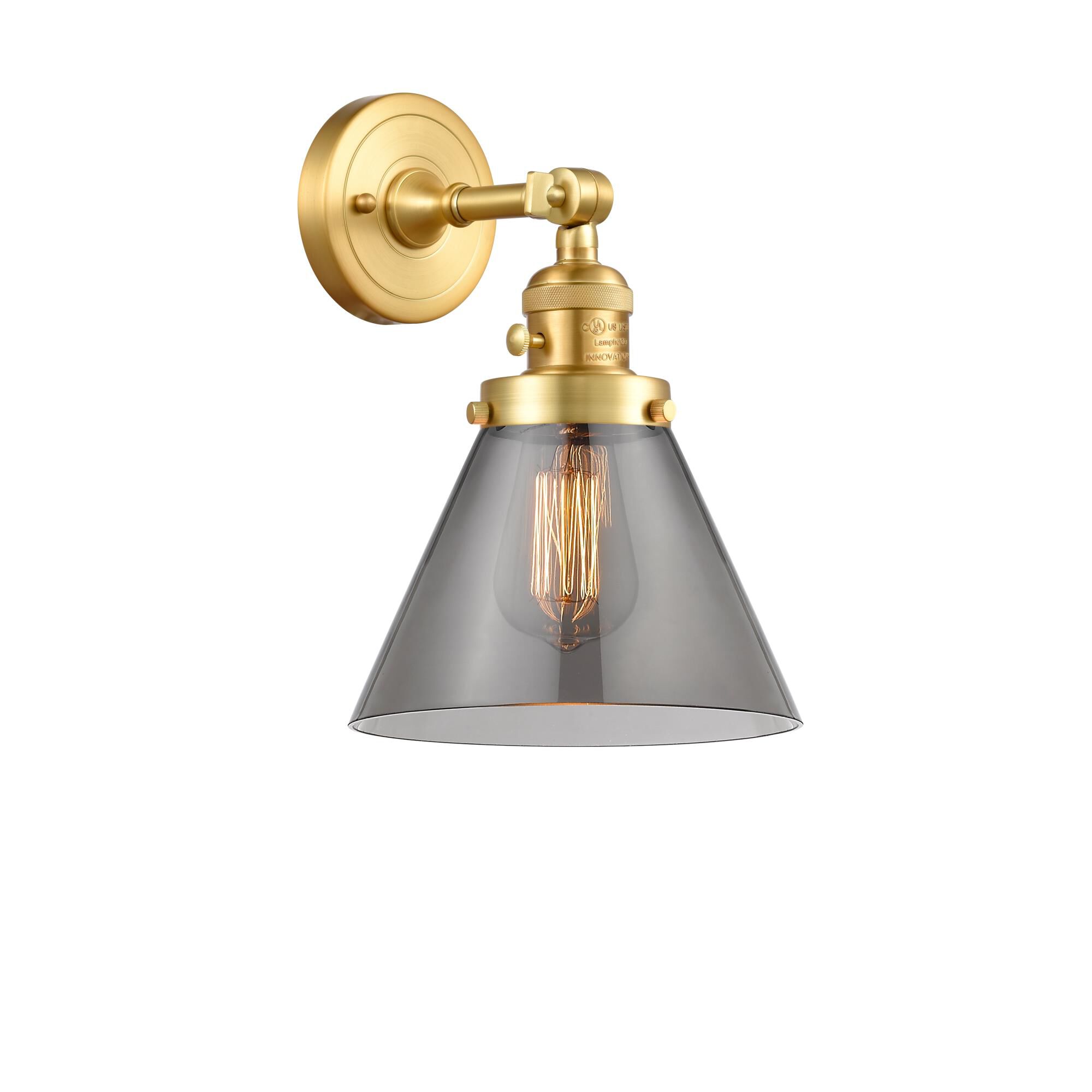 Shown in Satin Gold finish and Plated Smoke Large Cone glass