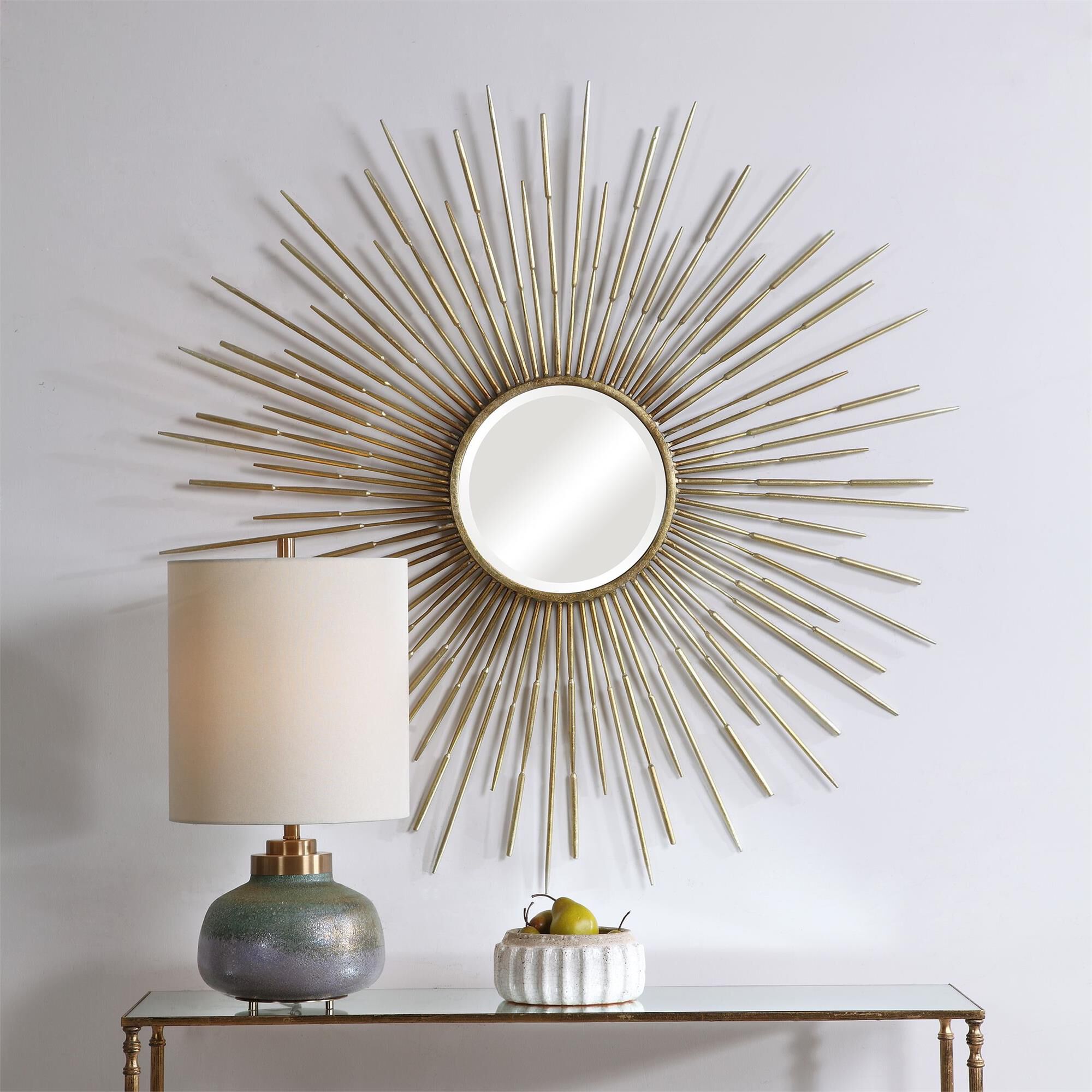 Shown in Inspired By Mid-Century Designs, This Starburst Mirror Is Finished In An Antiqued Gold Leaf And Feat finish