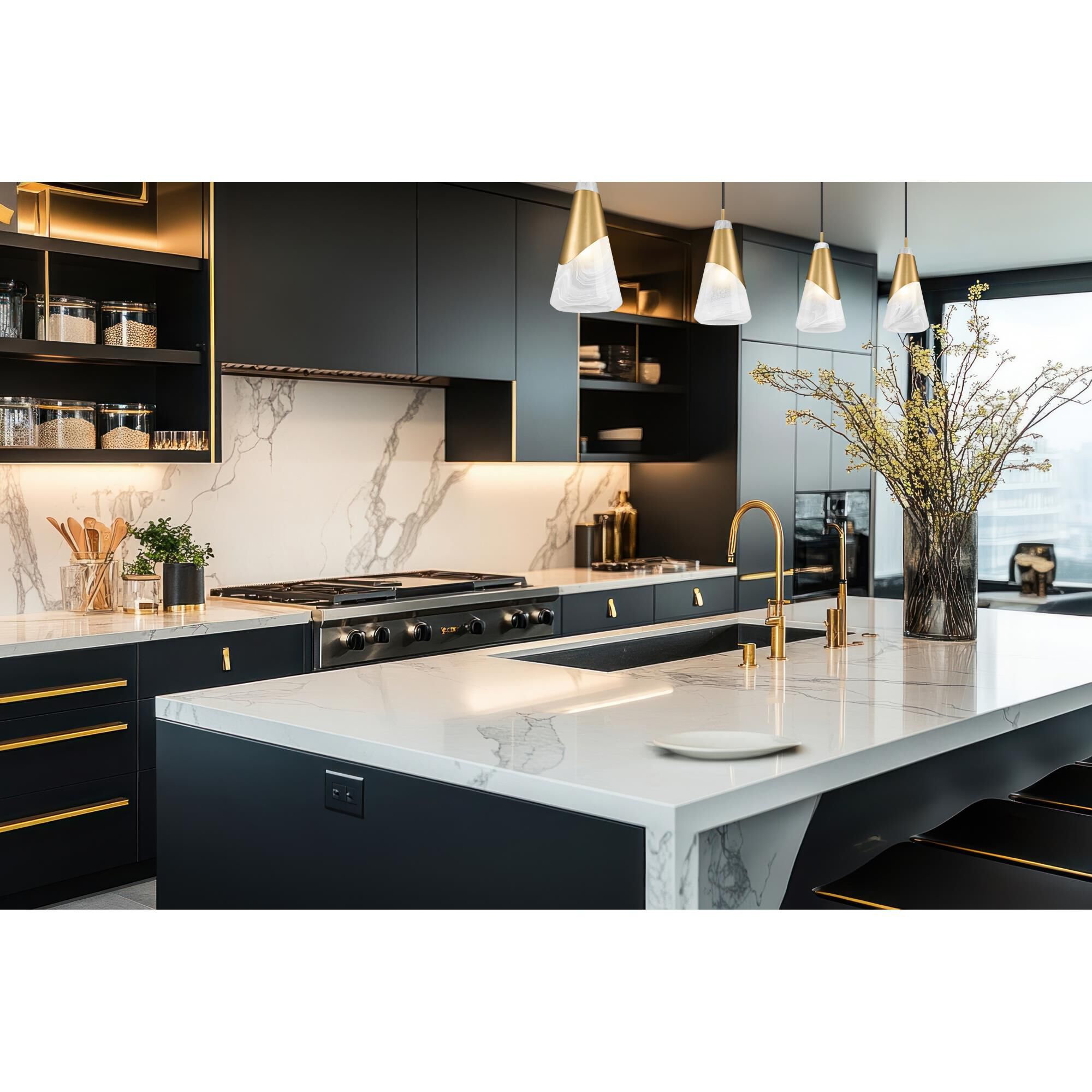 Shown in Modern Gold finish and White Swirl glass and White Swirl shade