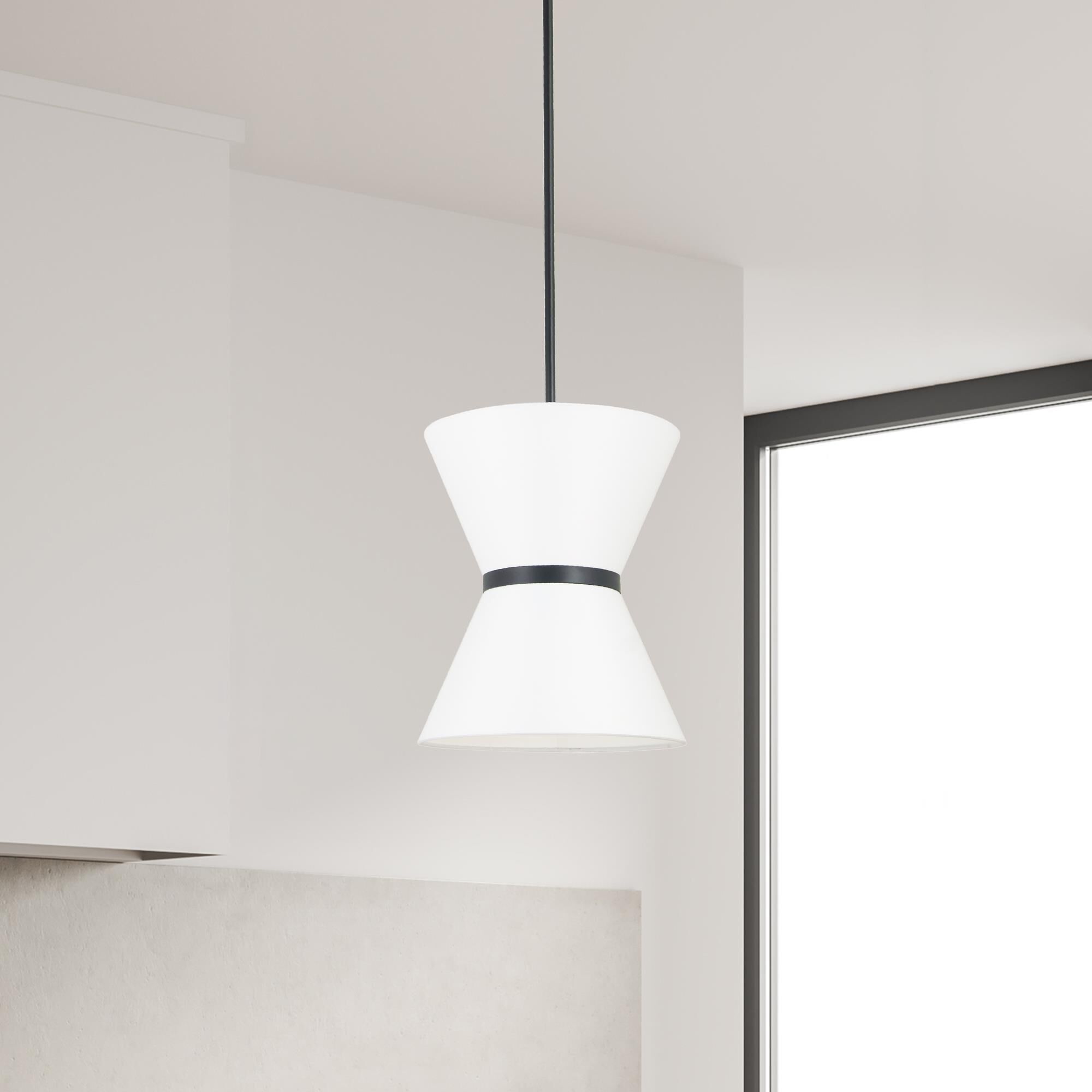 Shown in White and Black finish and White Fabric Tapered Drum shade