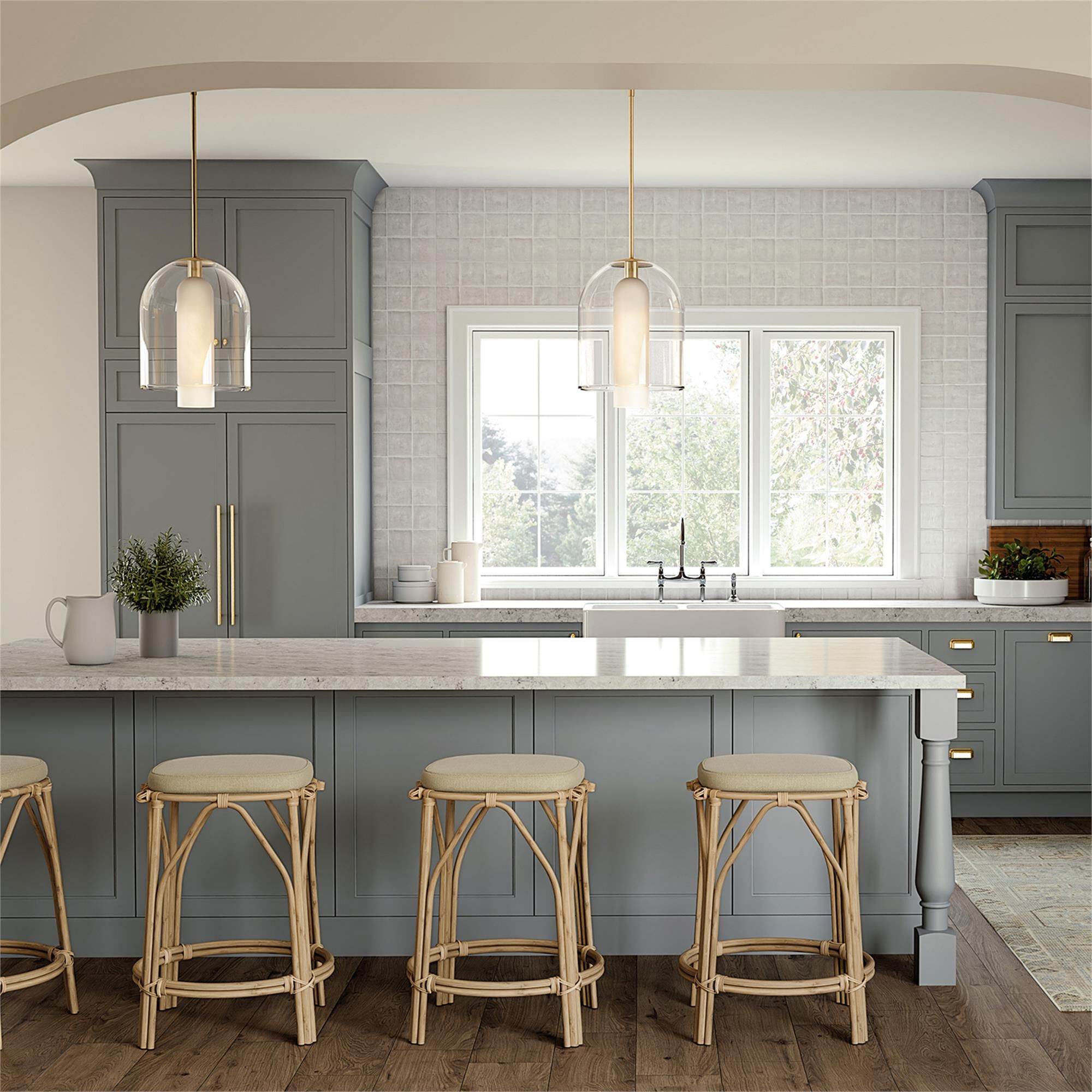 Shown in Aged Brass finish and Clear and Faux Alabaster glass