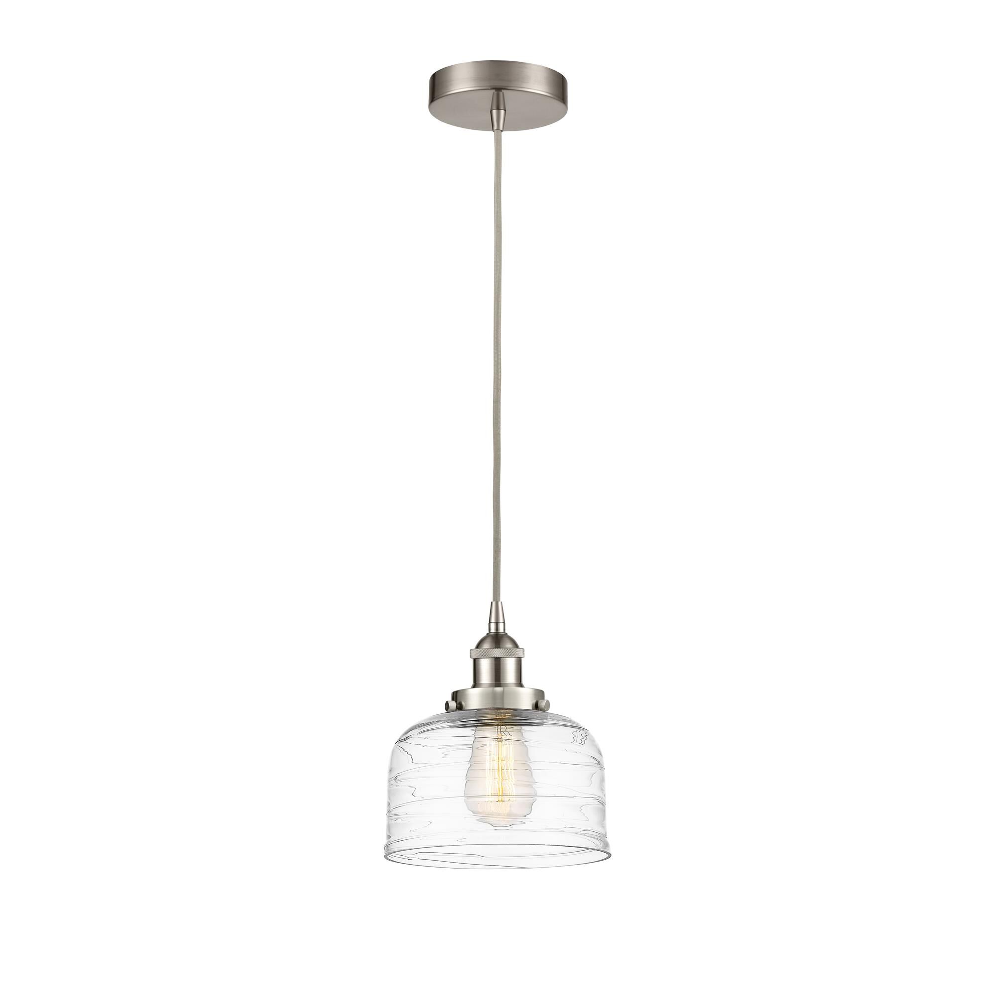 Shown in Brushed Satin Nickel finish and Clear Deco Swirl Large Bell glass