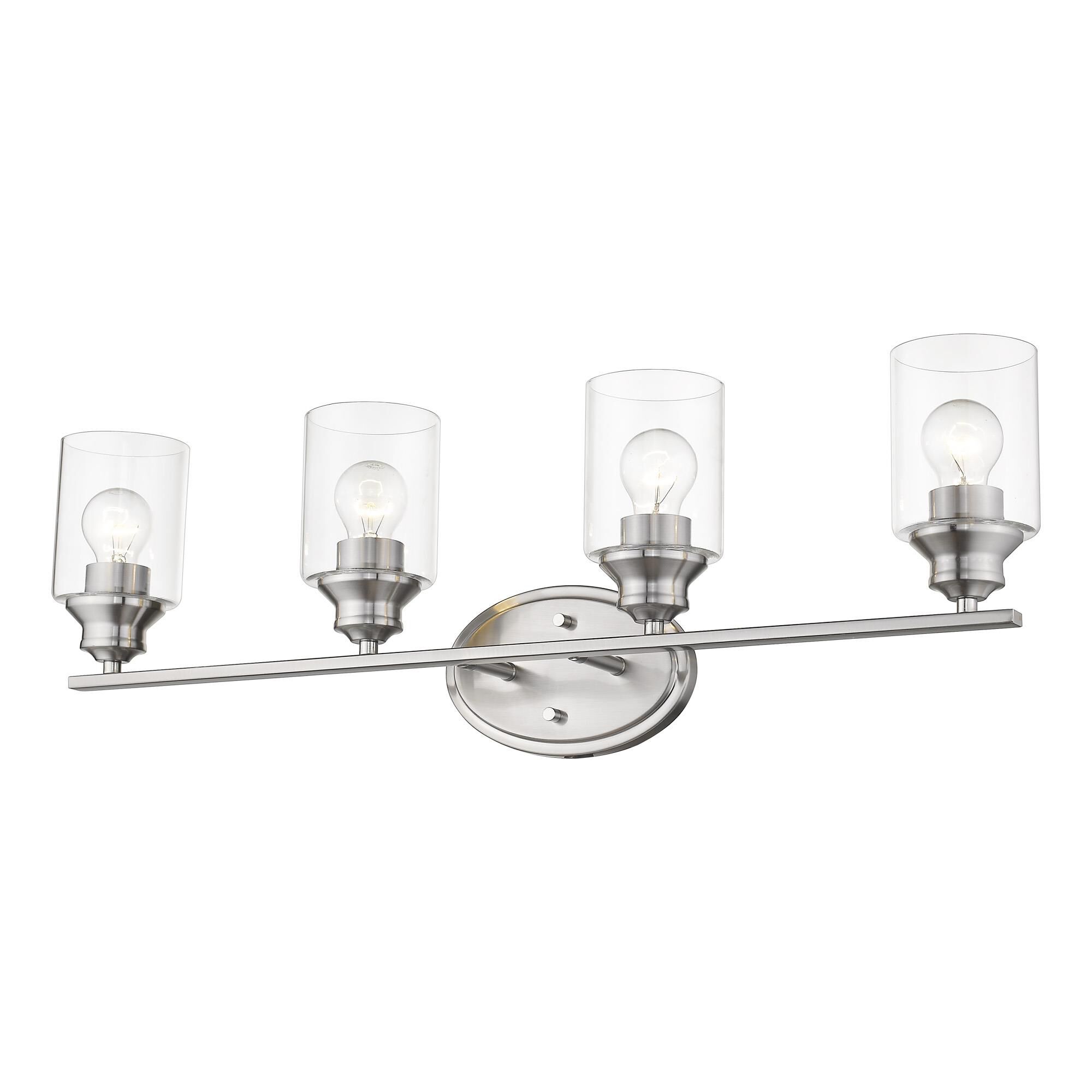 Shown in Satin Nickel finish and Clear glass and Clear, Cylindrical Glass s shade