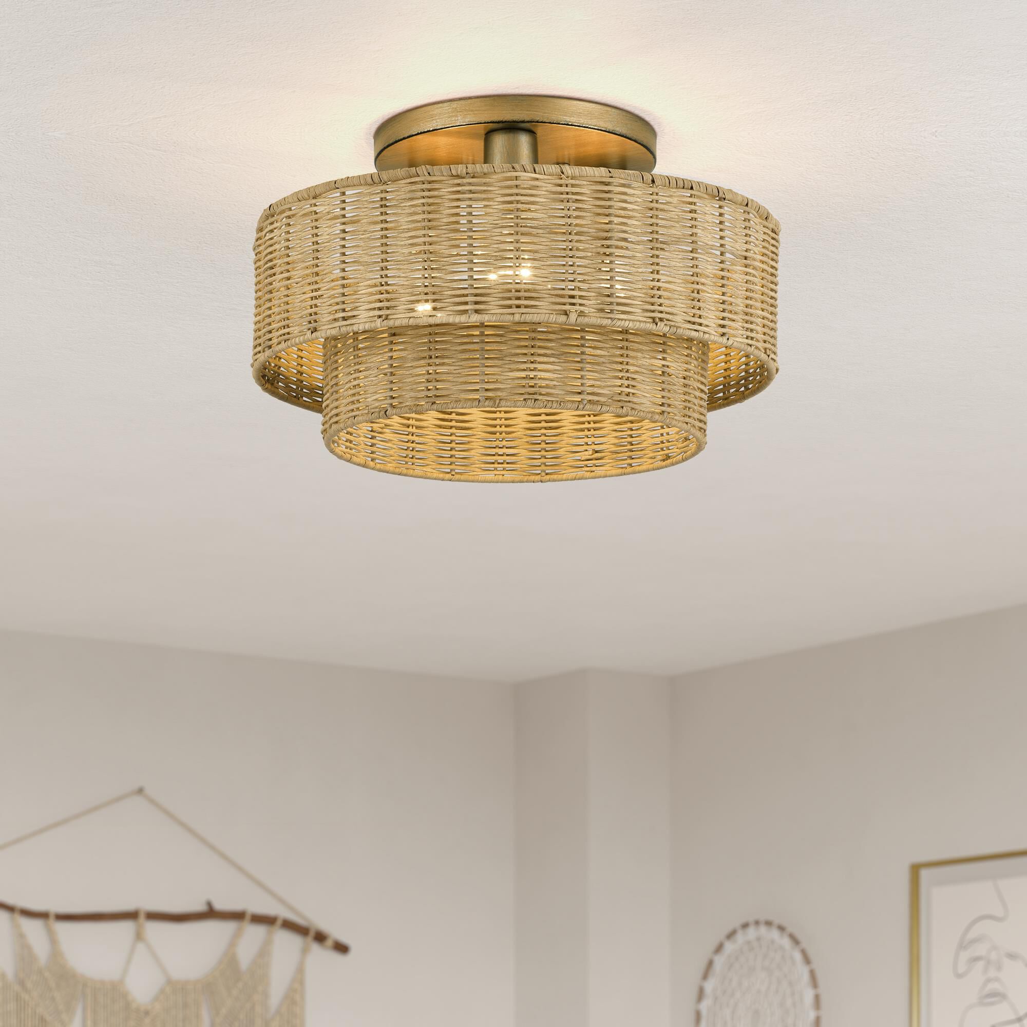 Shown in Antique Gold Leaf finish and Hand-Woven Rustic Walnut Color Rattan shade