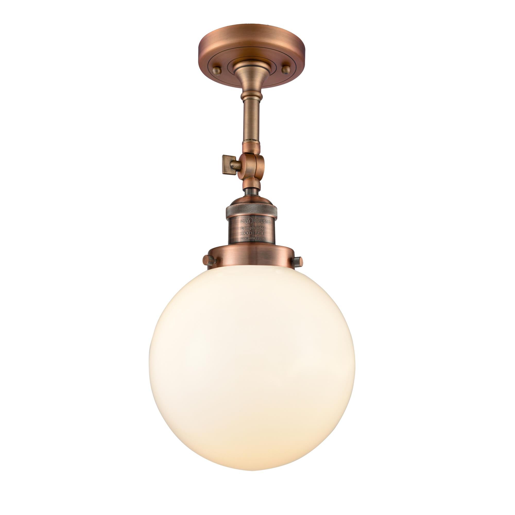 Shown in Antique Copper finish and Matte White Cased glass and No Accent accent