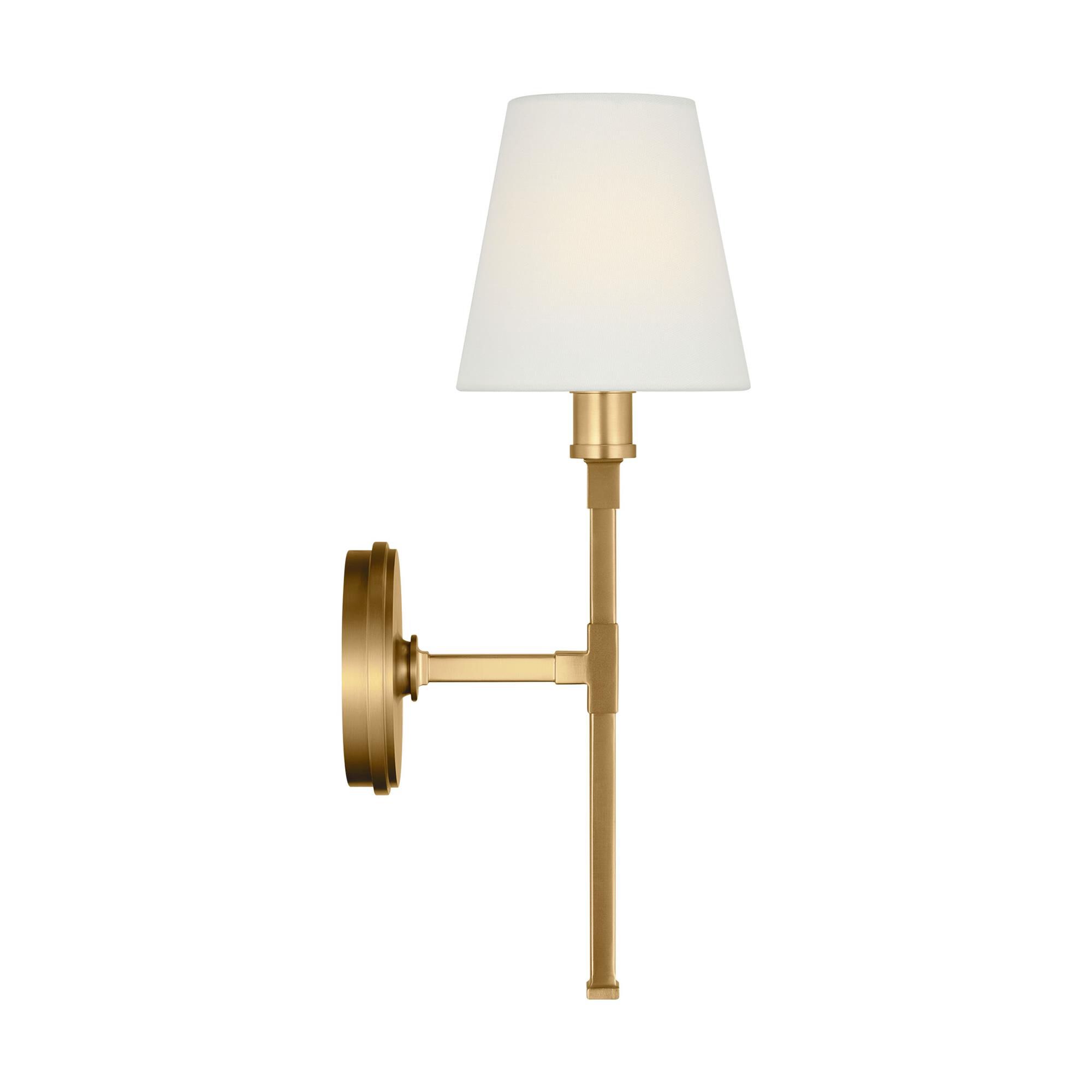 Shown in Burnished Brass finish and White Linen shade