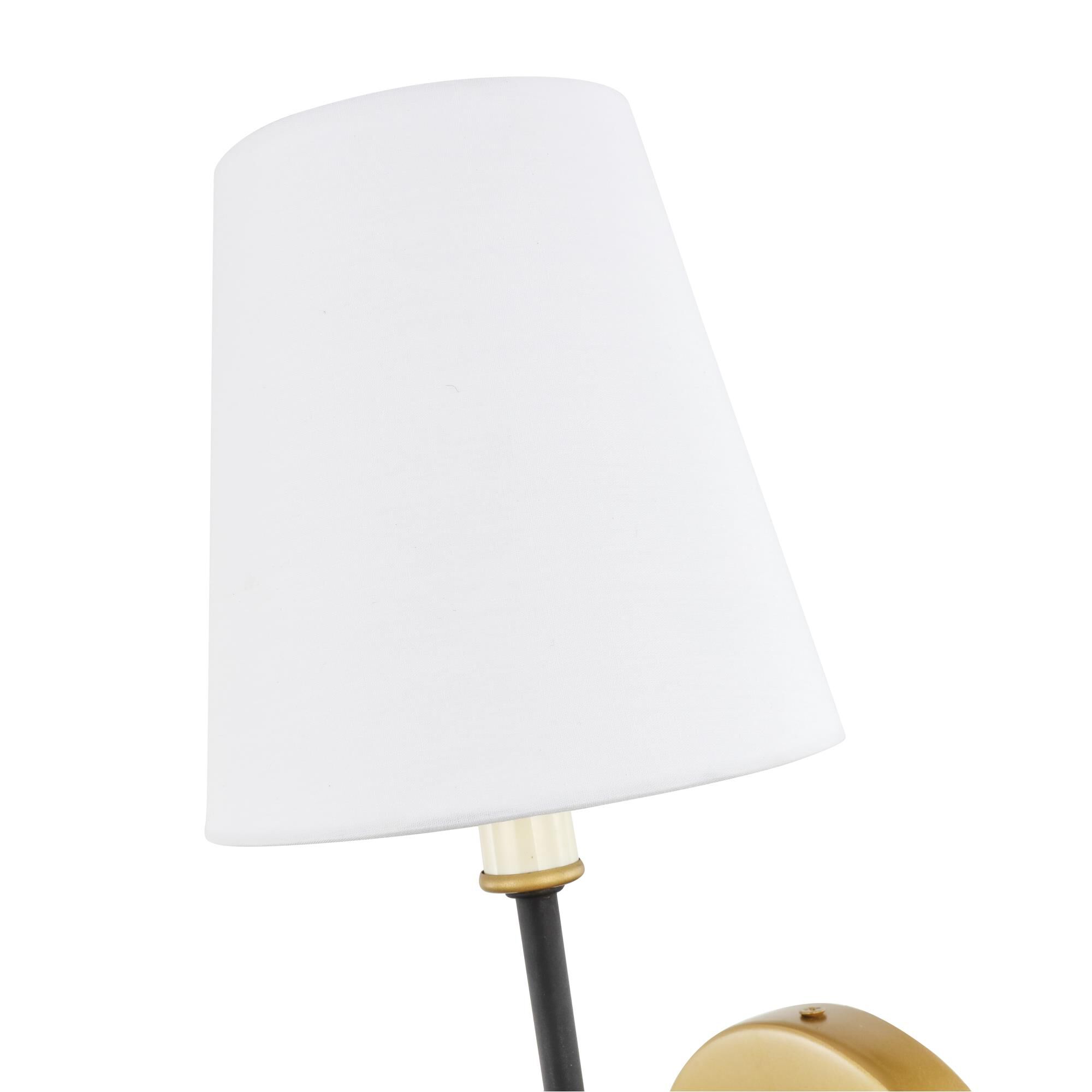 Shown in Brass And Black finish and White Fabric shade