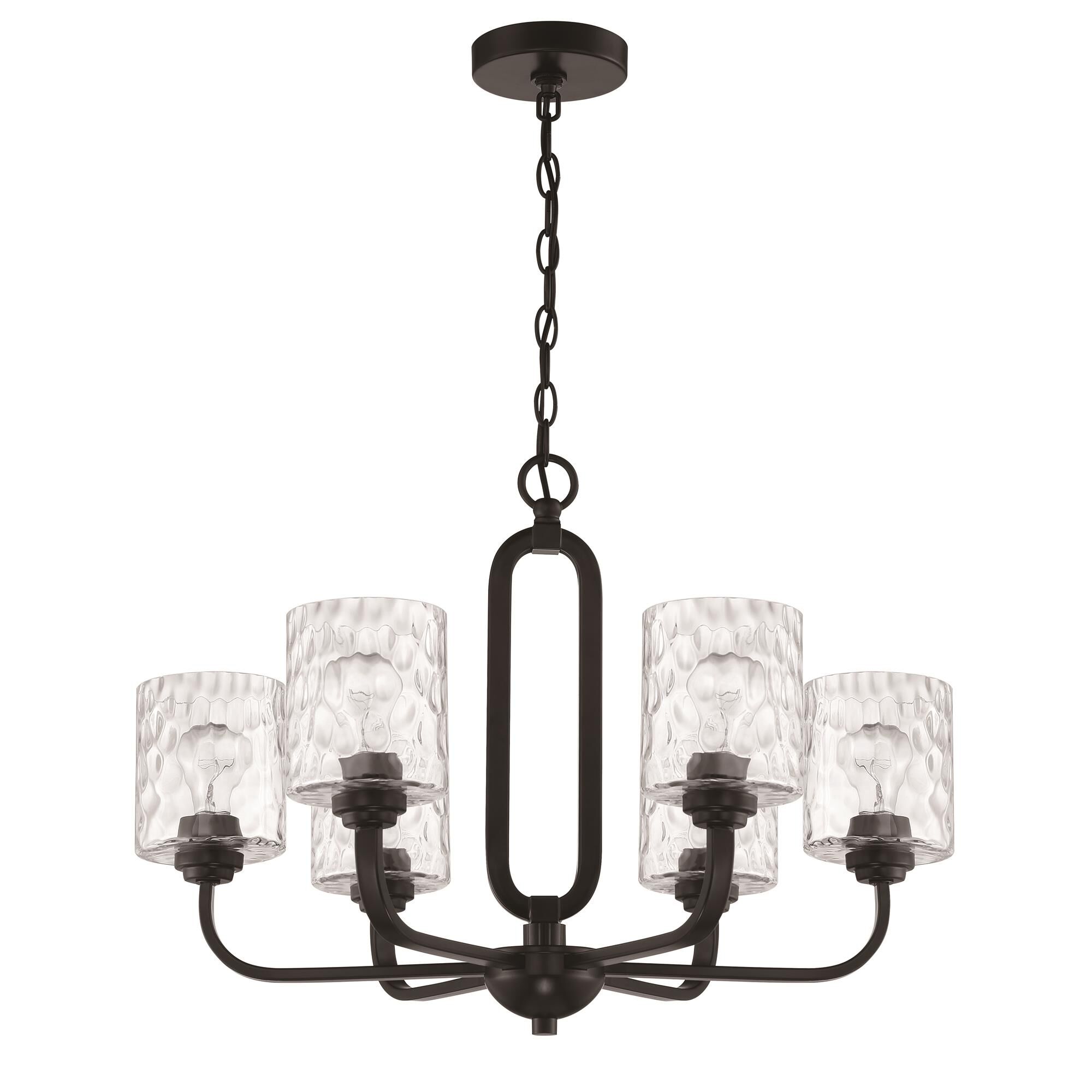 Shown in Flat Black finish and Clear Hammered glass and Glass shade