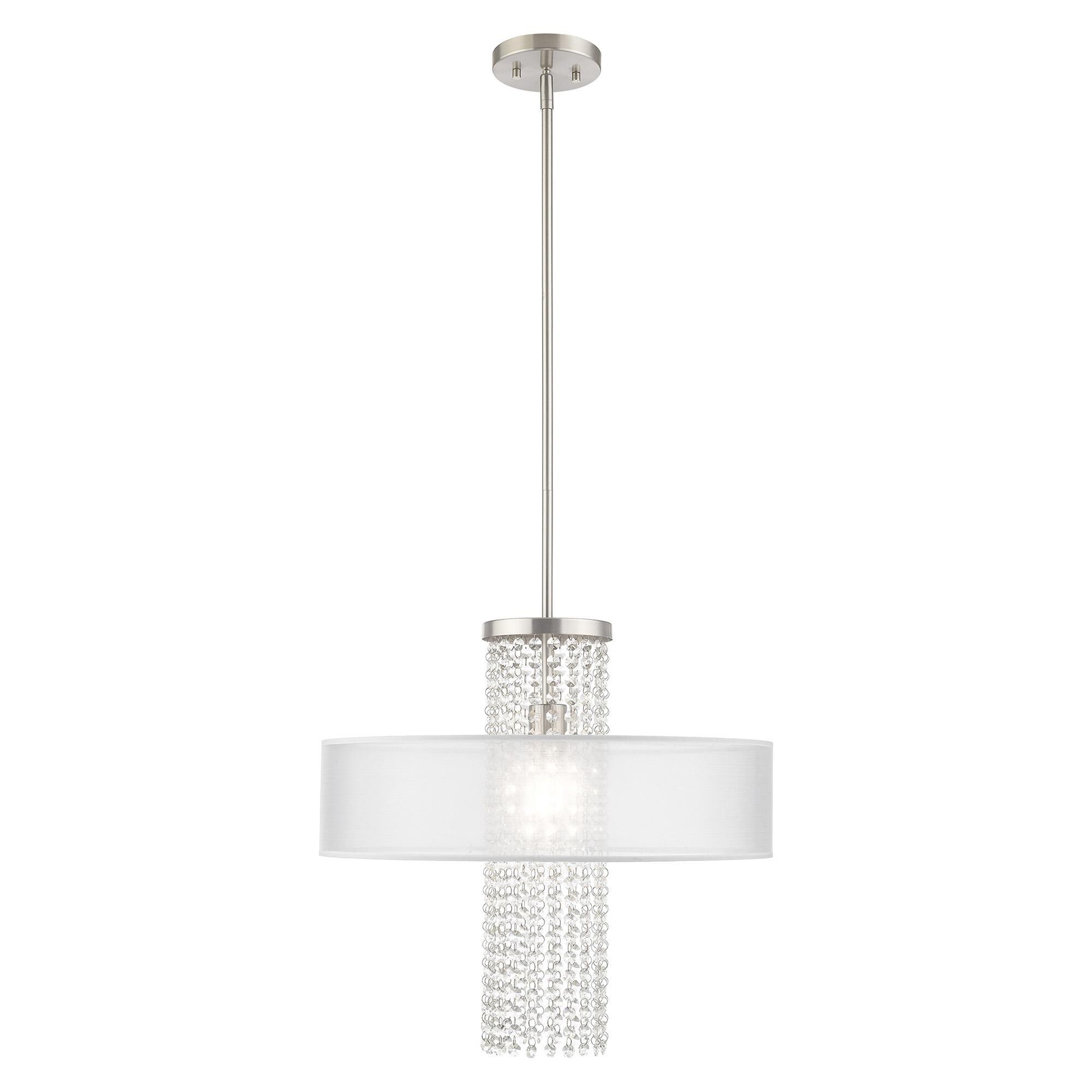 Shown in Brushed Nickel finish and Clear Crystals with Hand Crafted Translucent Fabric shade