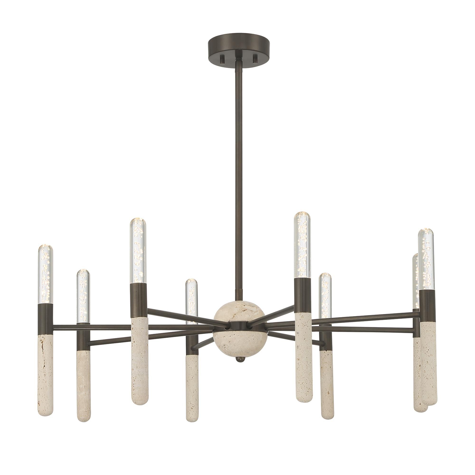 Shown in Mediterranean Bronze finish and Clear Seeded glass and Beige Travertine accent