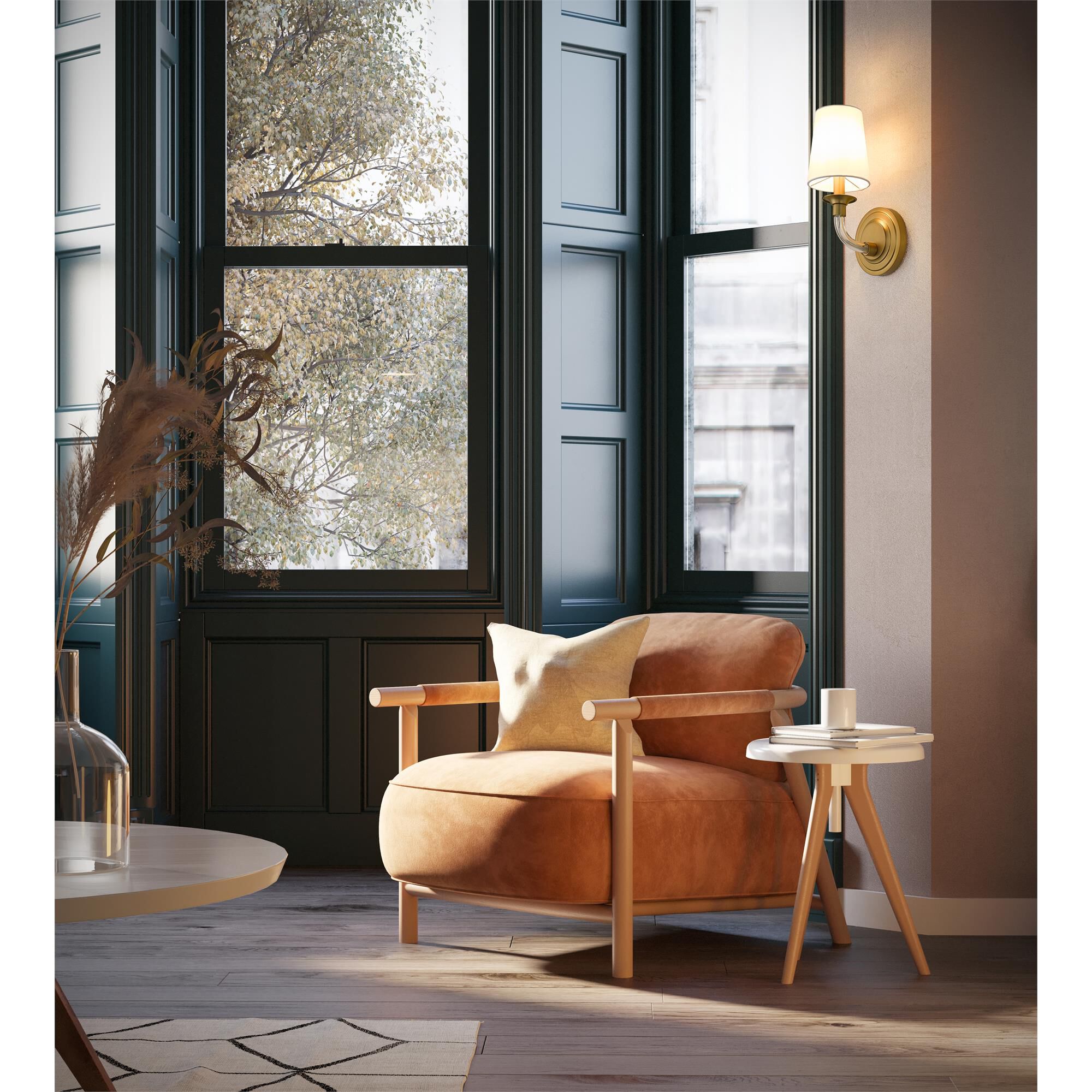 Shown in Rubbed Brass finish and White glass and White shade