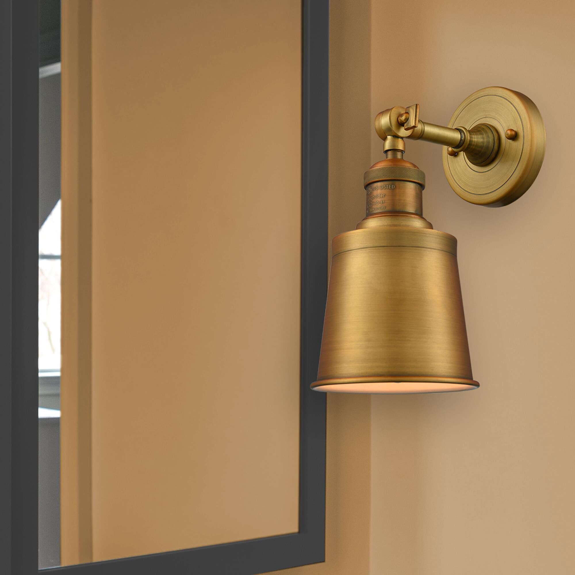 Shown in Brushed Brass finish and Brushed Brass glass and Brushed Brass shade and No Accent accent