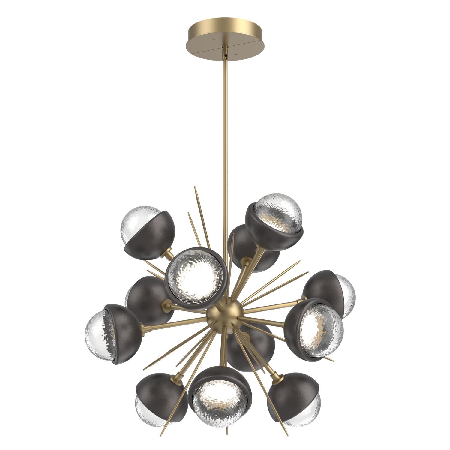 Shown in Gilded Brass finish and Clear glass and Graphite accent