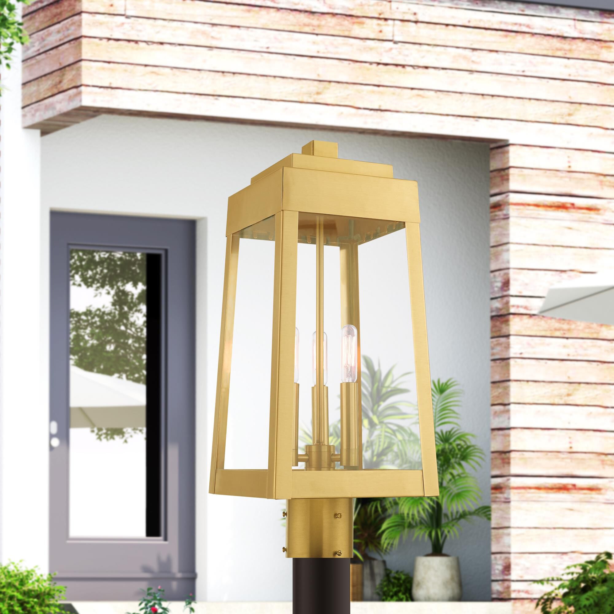 Shown in Satin Brass finish and Clear glass