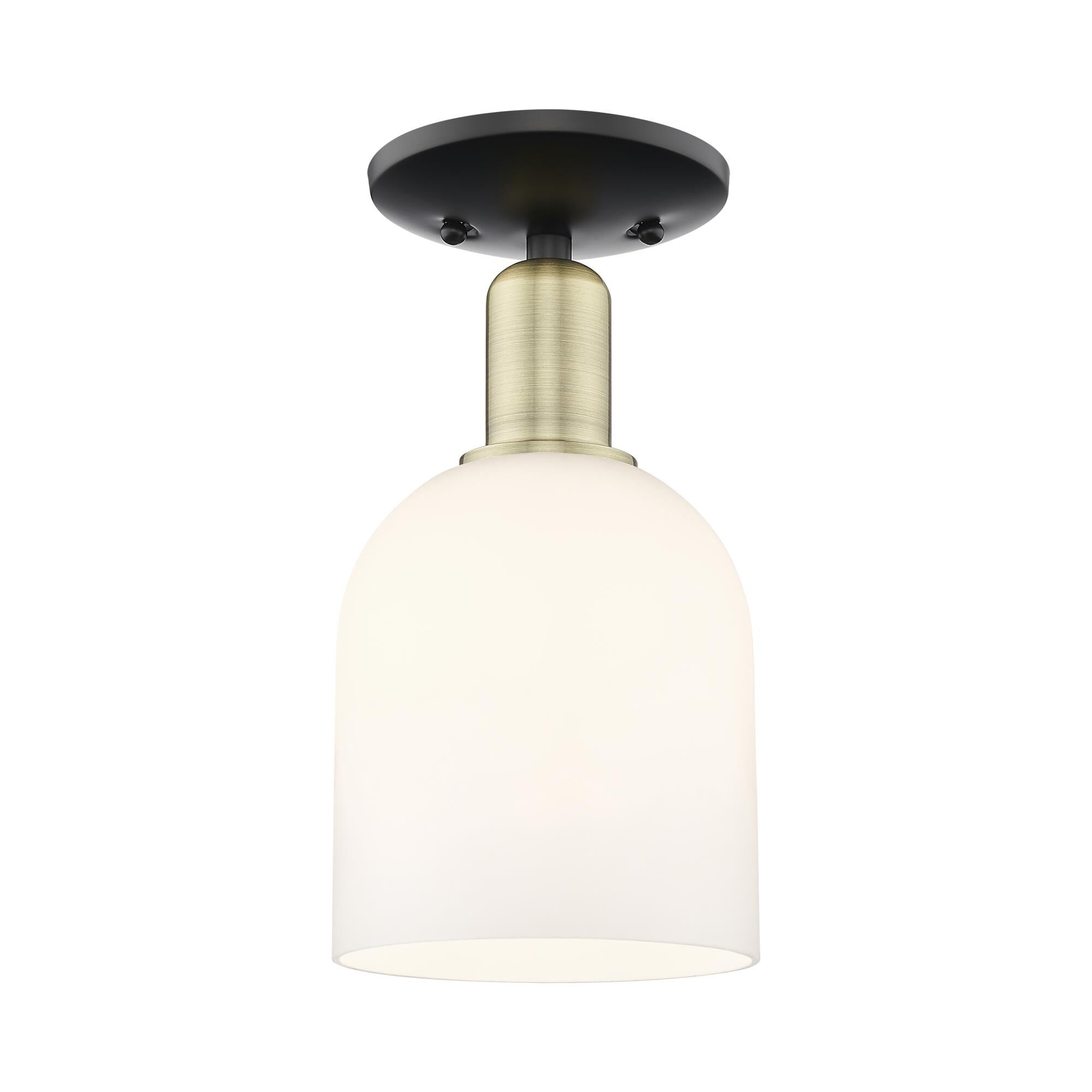 Shown in Black Antique Brass finish and White glass