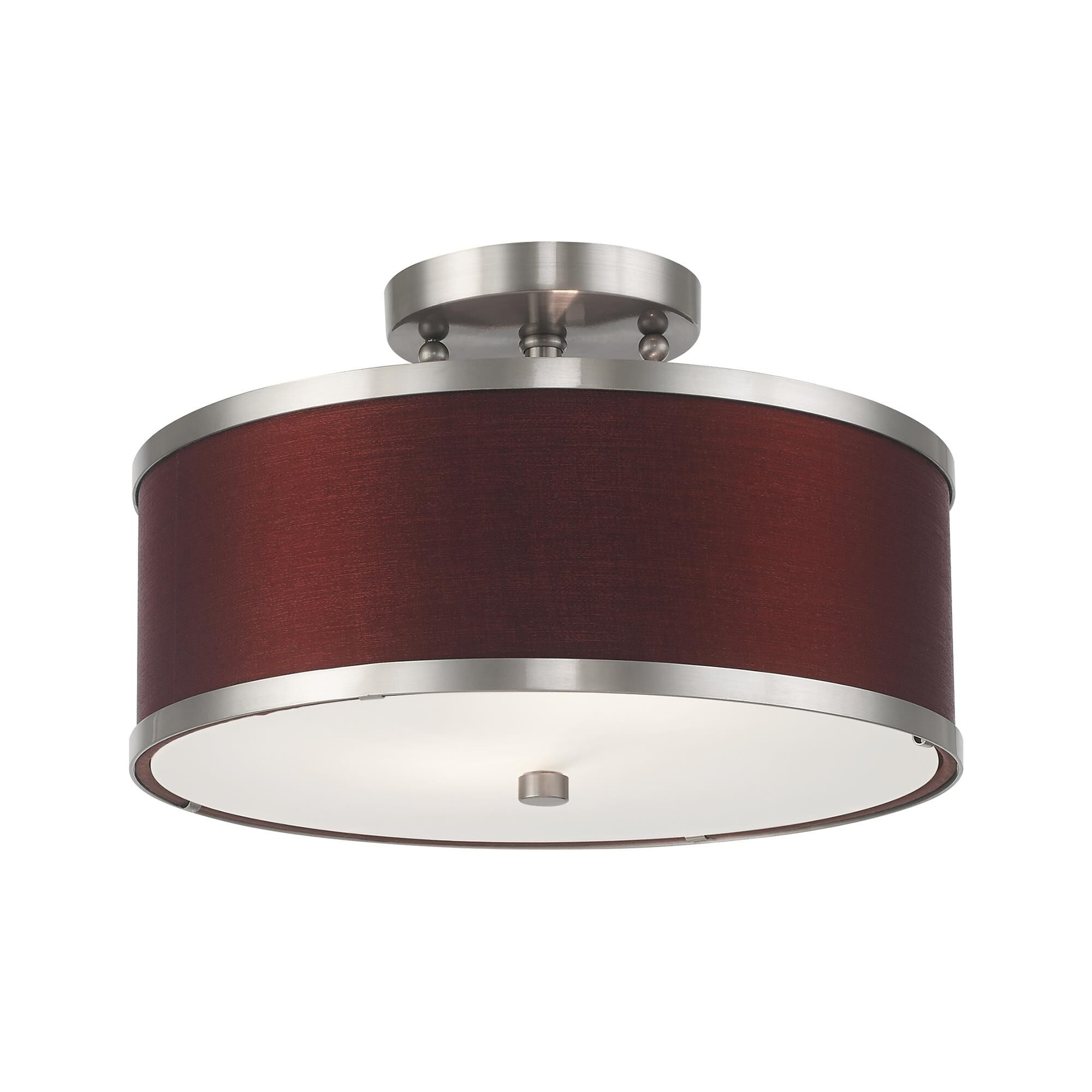 Shown in Brushed Nickel finish and Hand Crafted Red Wine Fabric Hardback shade