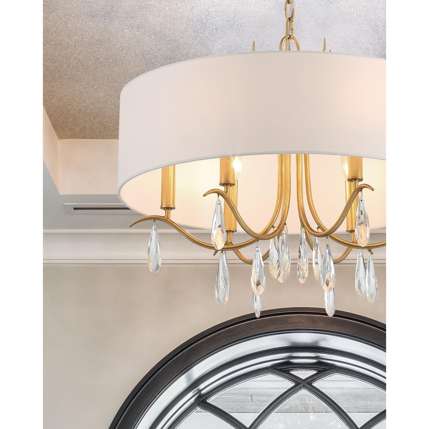 Shown in Antique Gold finish and Hand Cut crystal and White Silk shade