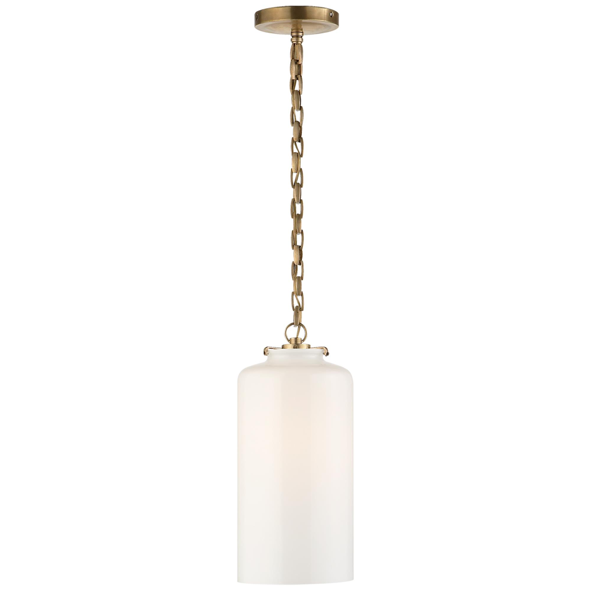 Shown in Hand-Rubbed Antique Brass finish and White glass