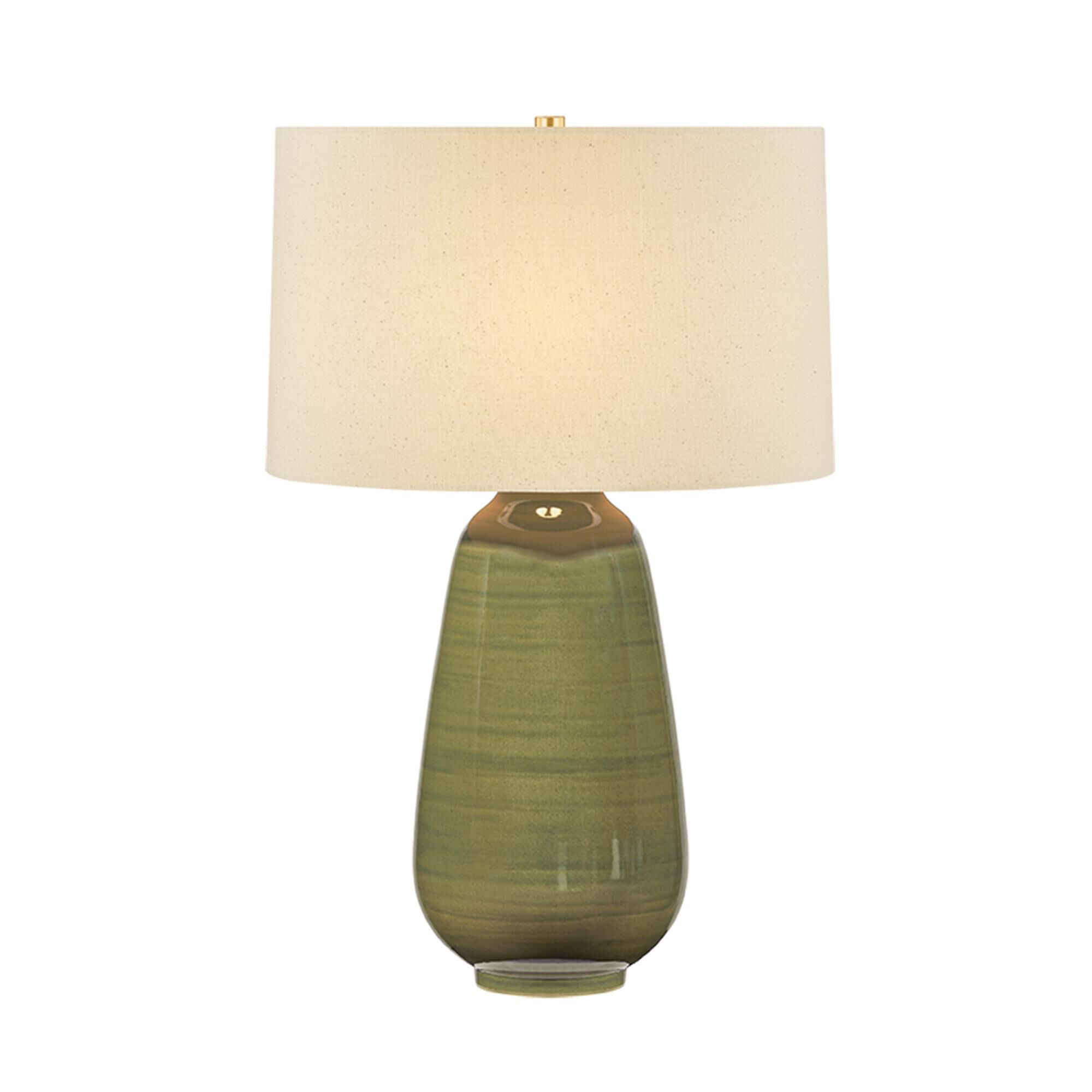 Shown in Aged Brass and Ceramic Dark Forrest finish and Wheat Linen shade