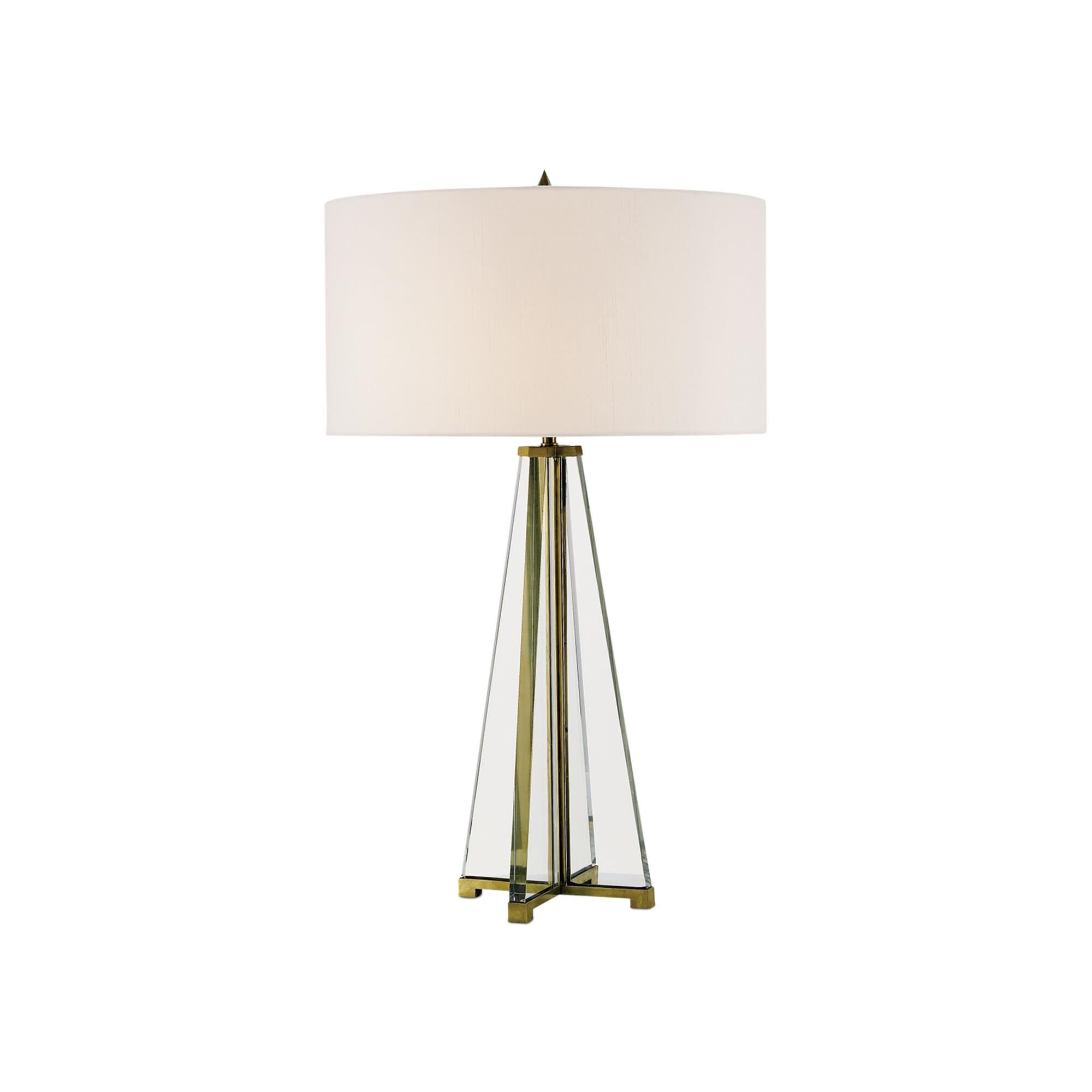 Shown in Brass-Clear Optic Crystal finish and Off White Shantung shade