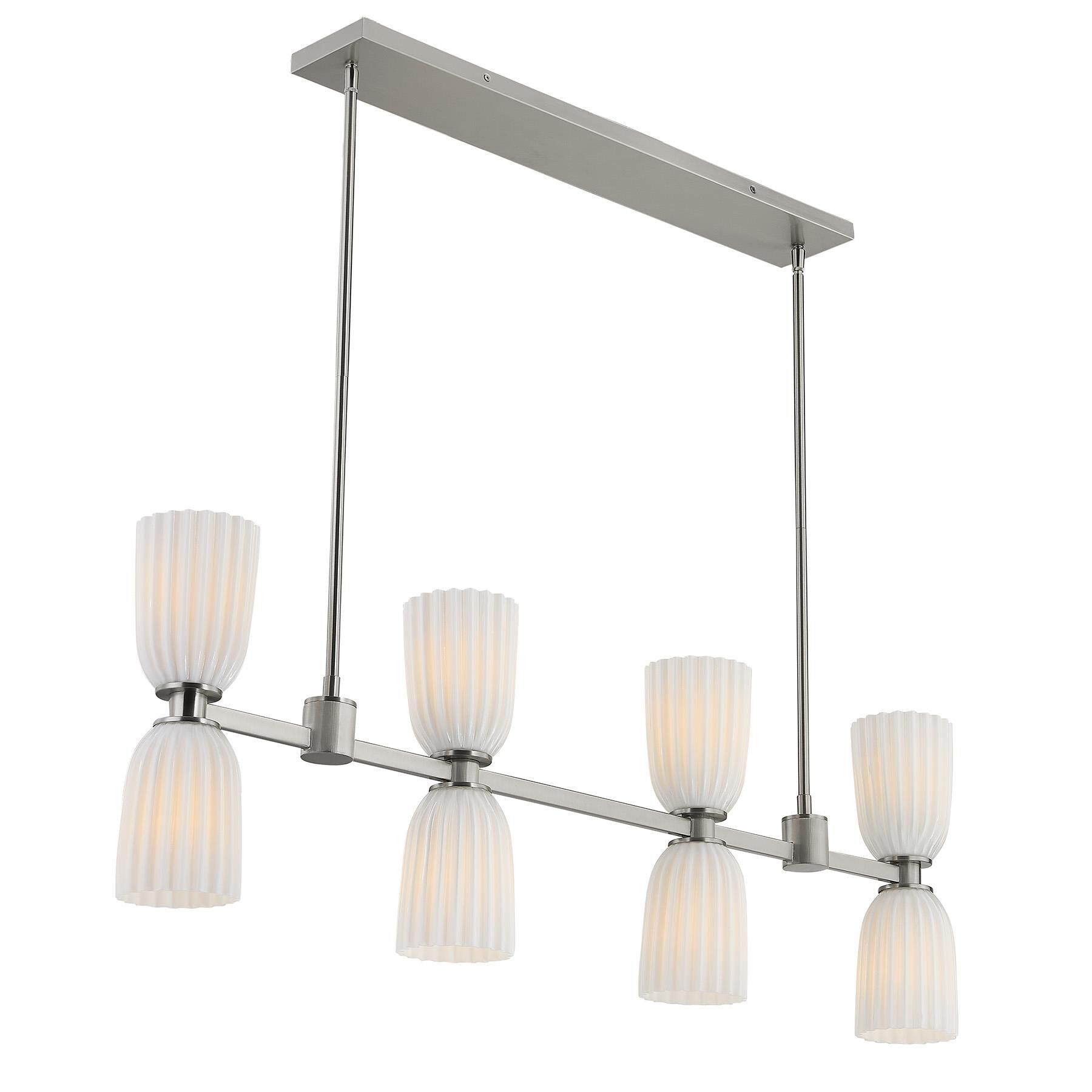 Shown in Satin Nickel finish and White Opal Ribbed glass