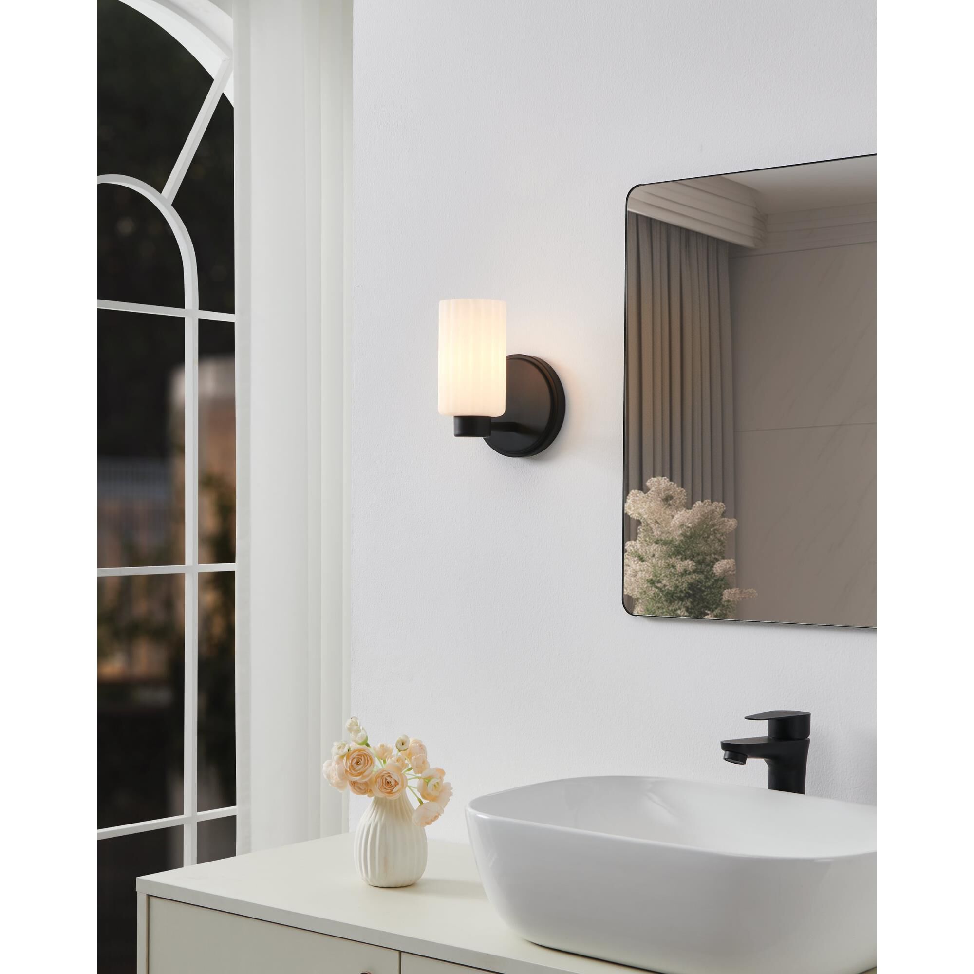 Shown in Matte Black finish and Etched Opal Ribbed glass