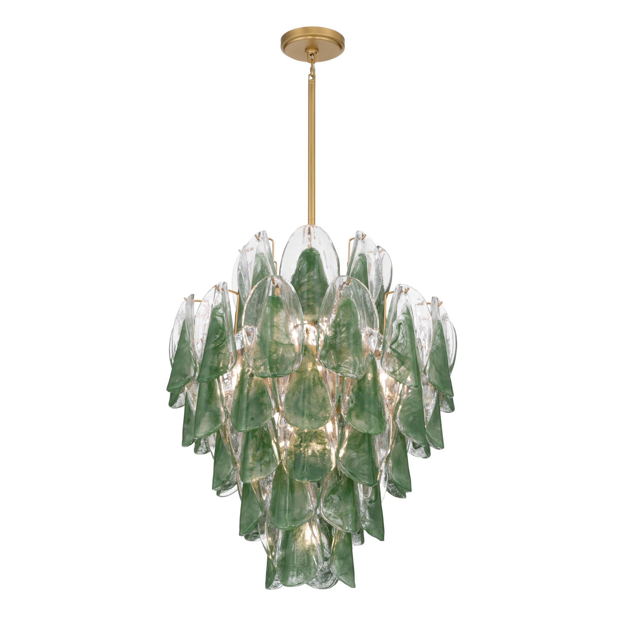 Shown in Legacy Brass finish and Green and Clear Hand-Formed glass