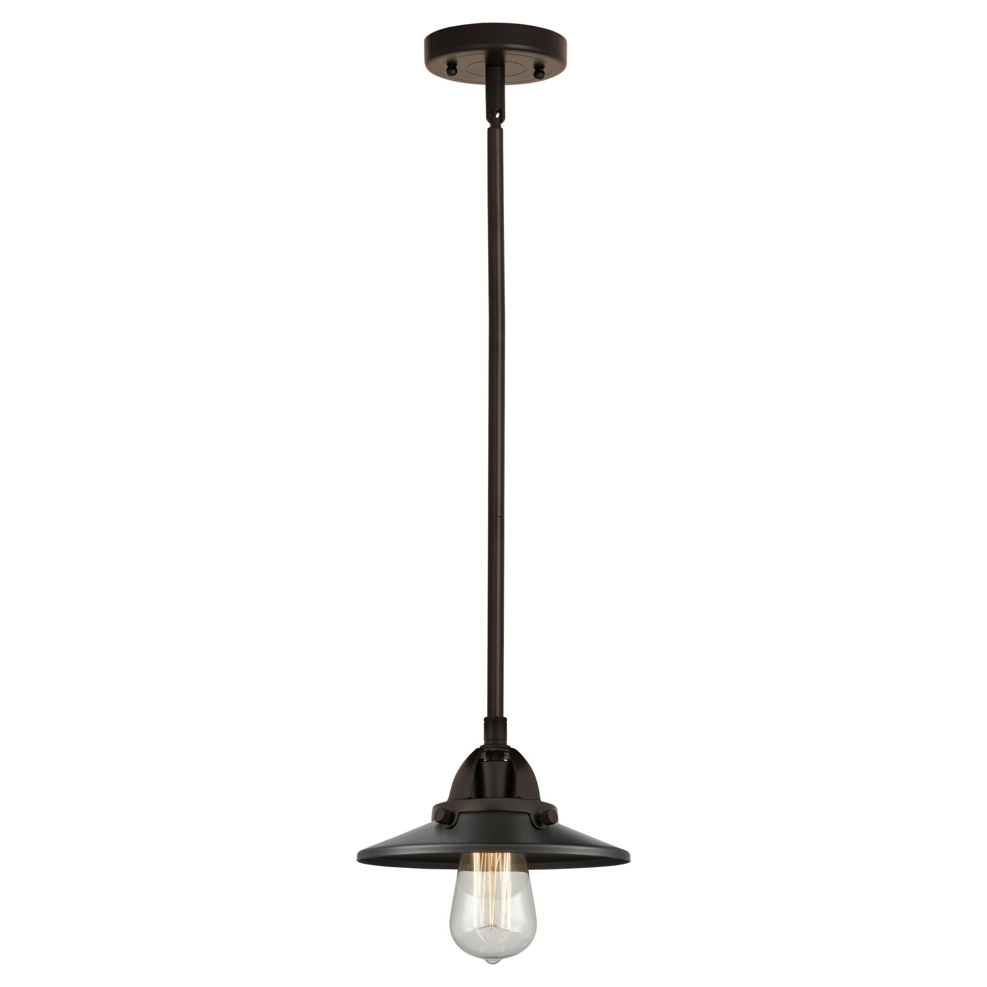 Shown in Oil Rubbed Bronze finish and No Glass glass and Oil Rubbed Bronze Railroad shade