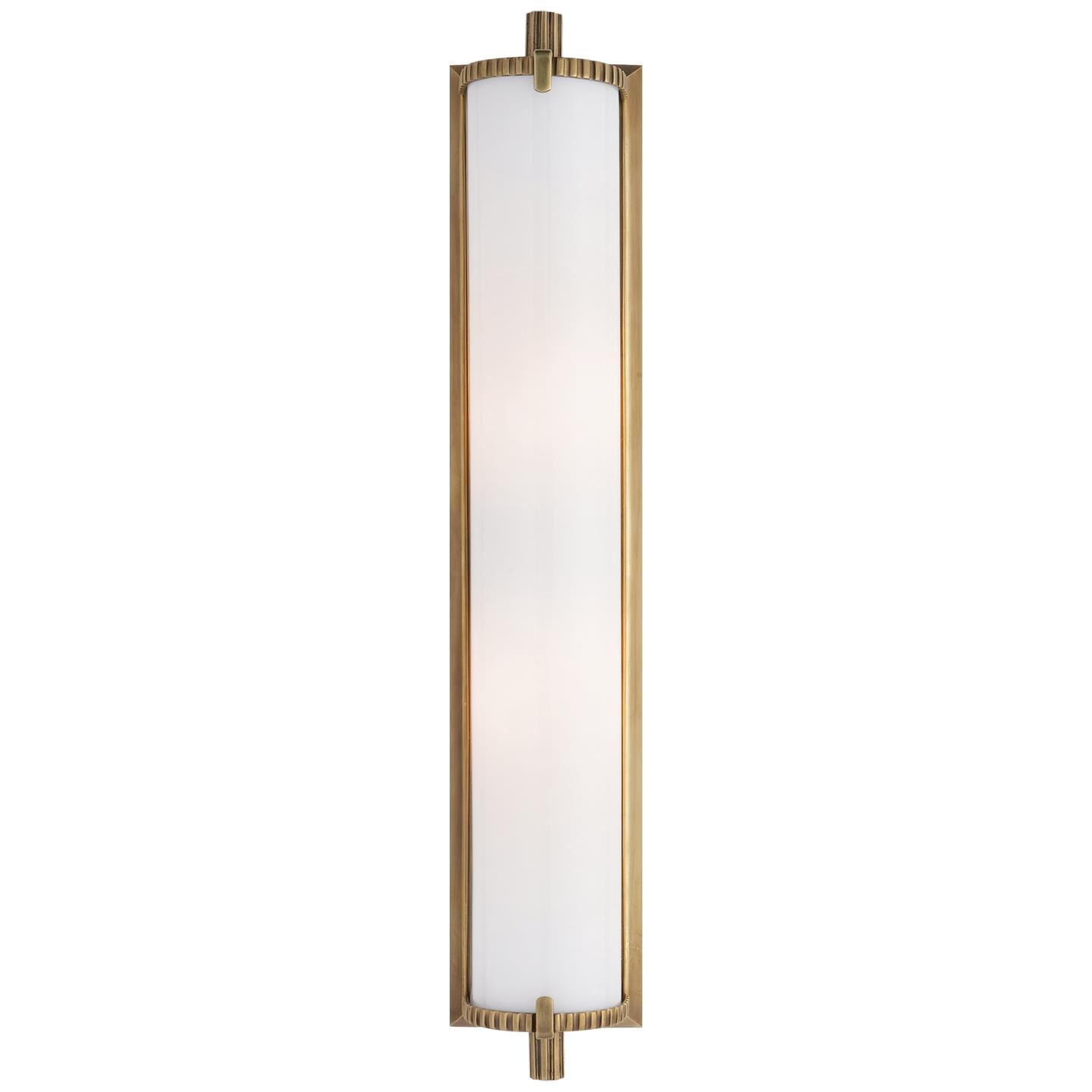 Shown in Hand-Rubbed Antique Brass finish and White glass