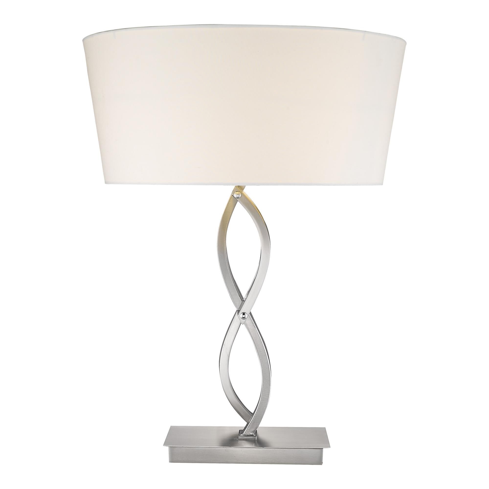 Shown in Satin Nickel finish and White glass and White Hardback Linen Tapered Drum shade