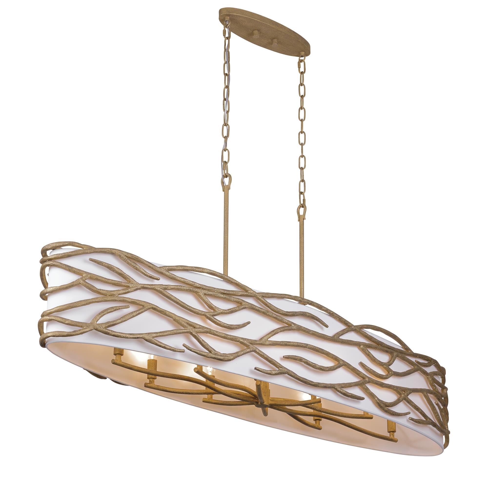 Shown in Textured Ashen Gold finish and Fabric Shade glass