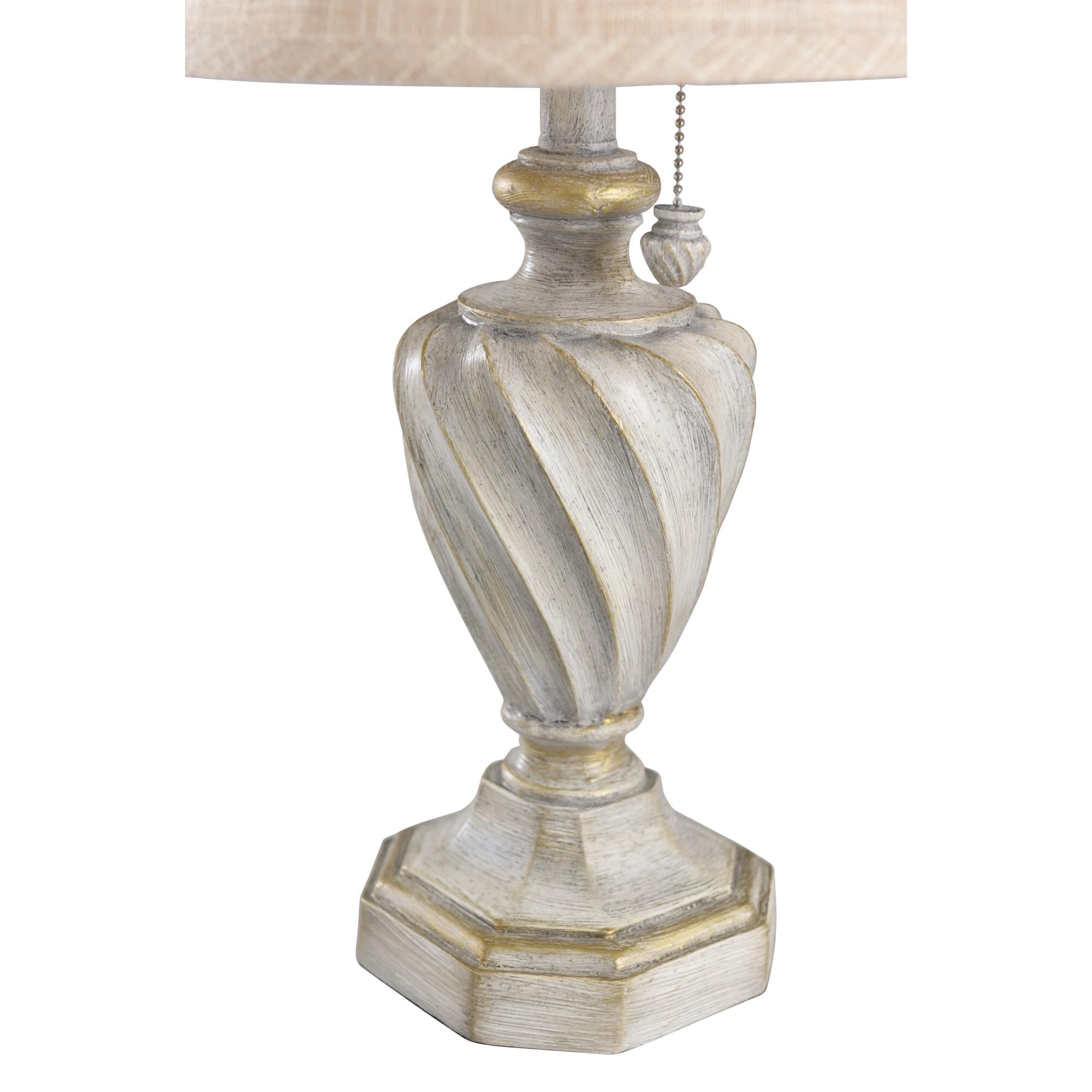 Shown in Antique White finish and Beige Softback Fabric shade