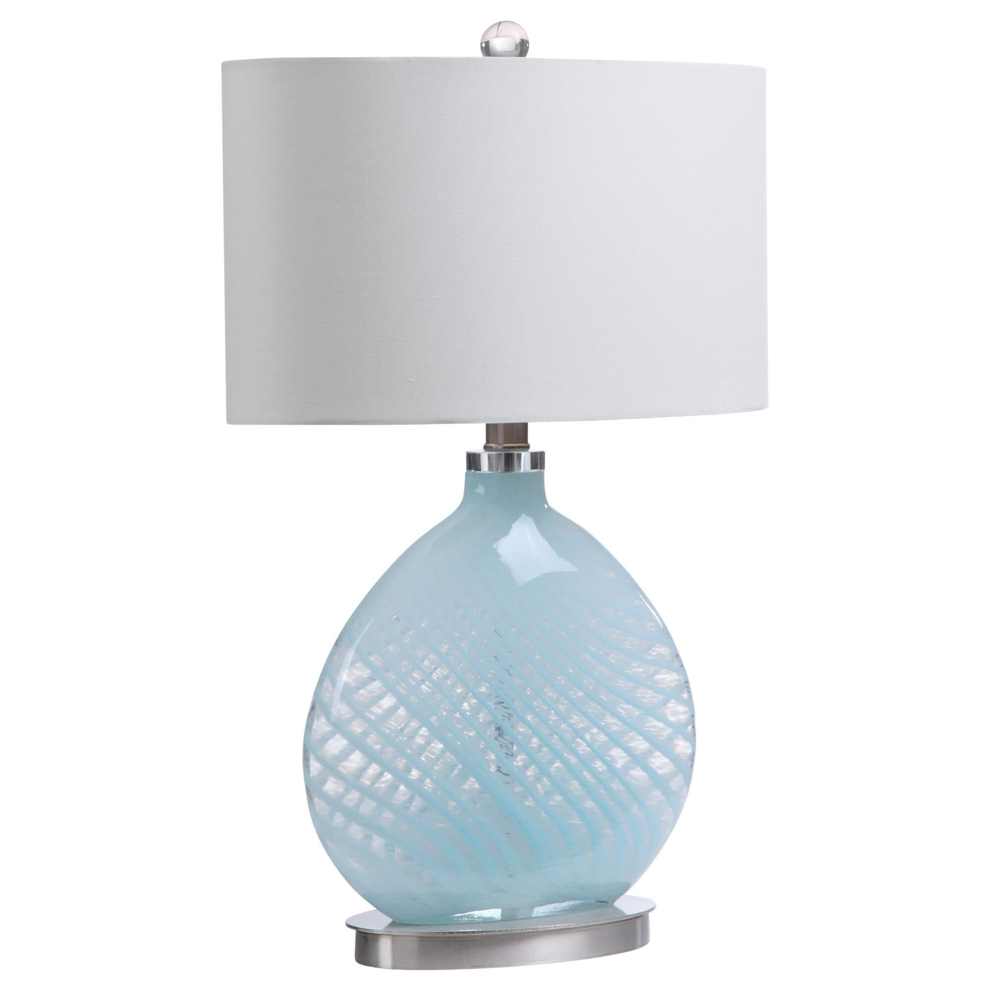 Shown in Displaying A Coastal Color Way, This Table Lamp Features An Elegant Light Blue And Translucent Glass finish and Oval Hardback shade