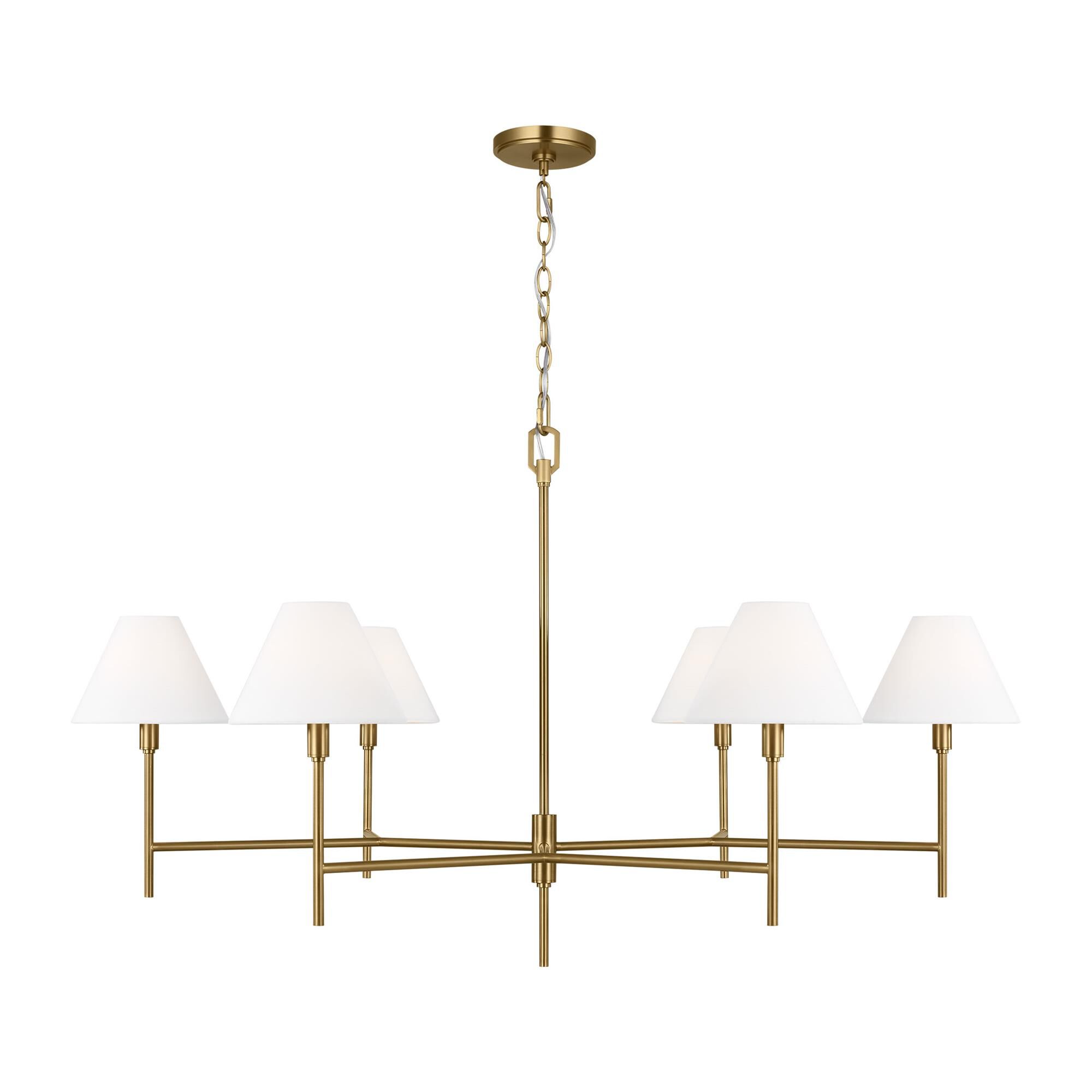 Shown in Burnished Brass finish and White Linen shade