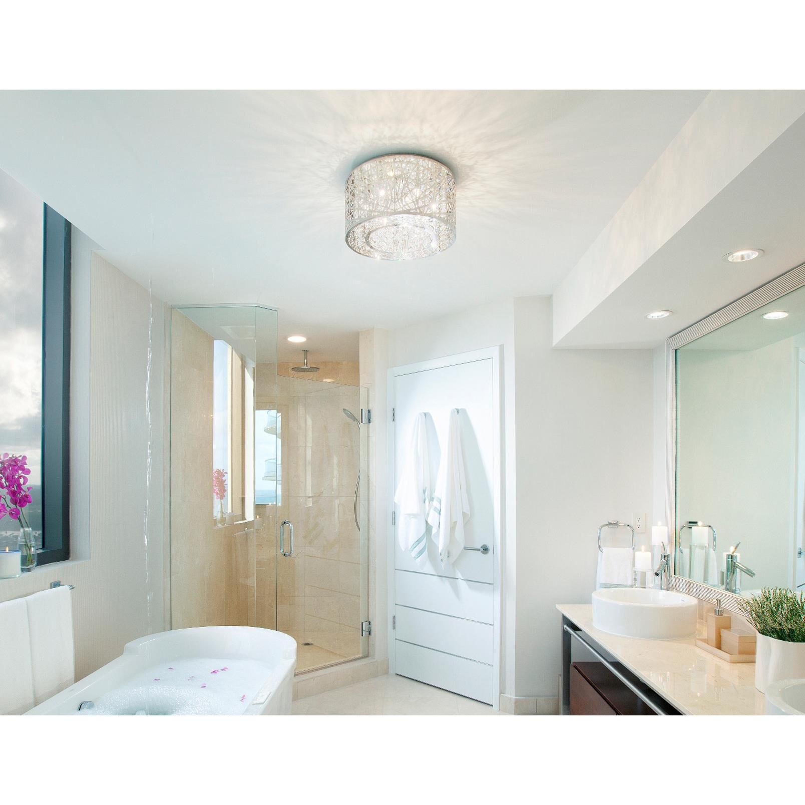 Shown in Polished Chrome finish and Clear crystal and Clear-White glass and Metal shade