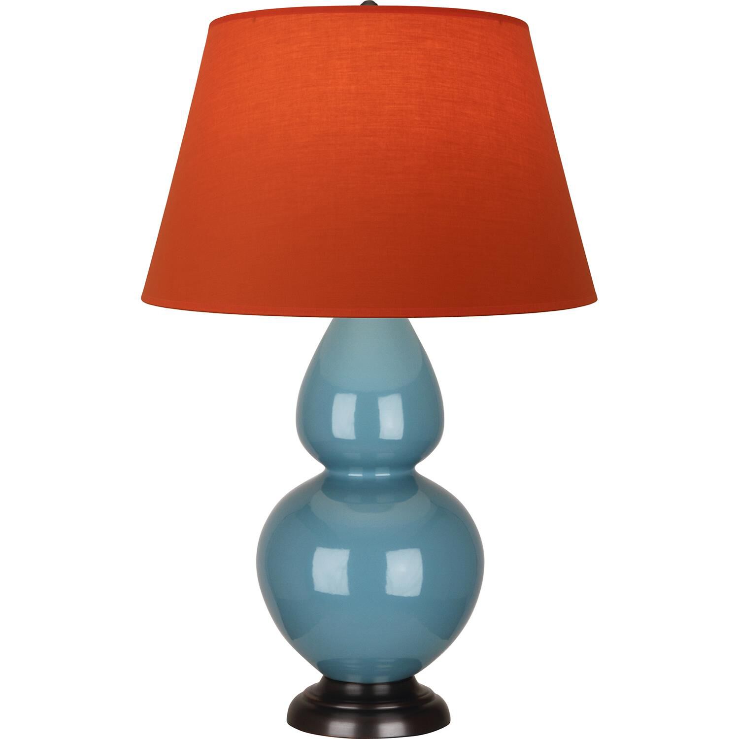 Shown in Steel Blue finish and Tangerine and Taupe Lining shade and Deep Patina Bronze accent