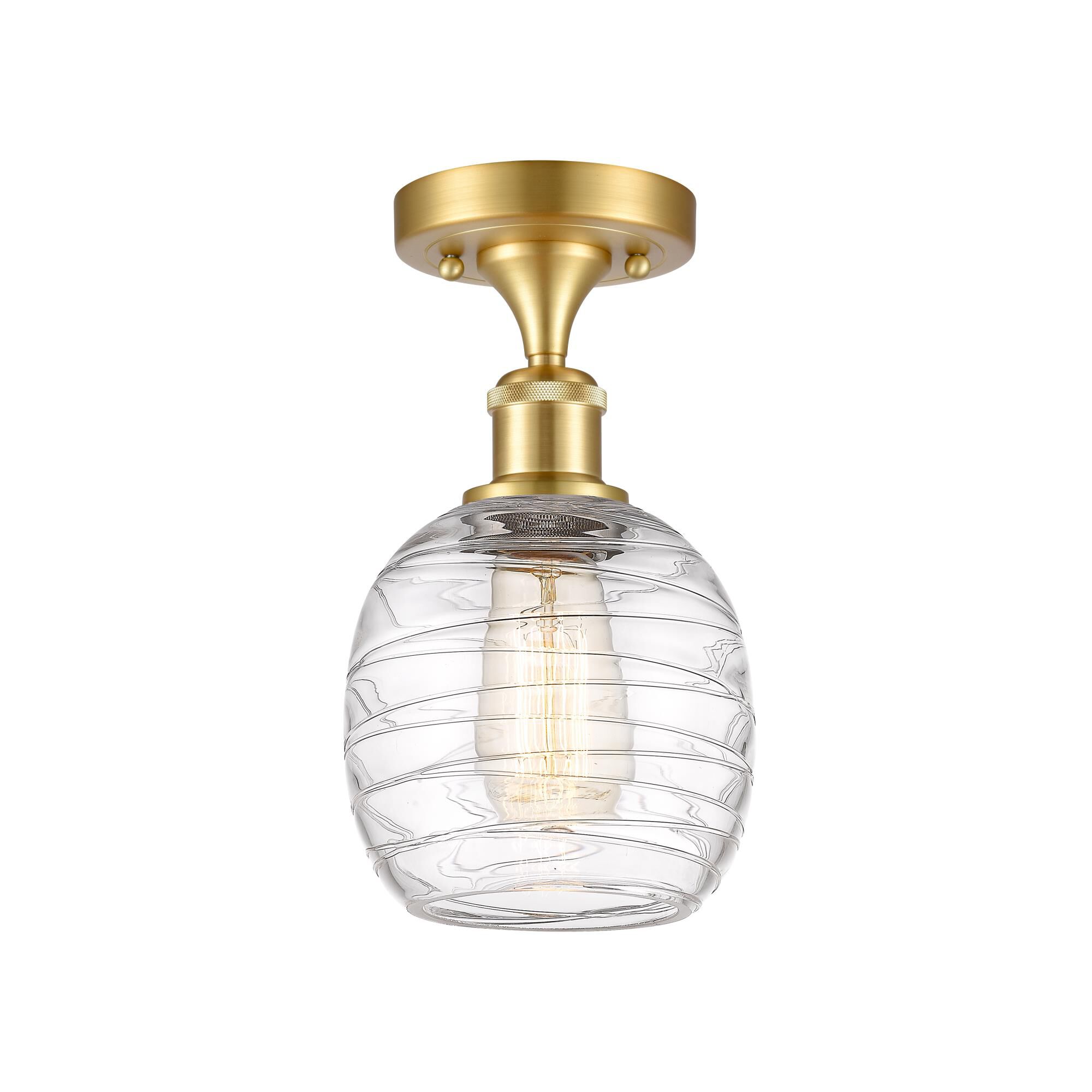 Shown in Satin Gold finish and Deco Swirl Belfast glass