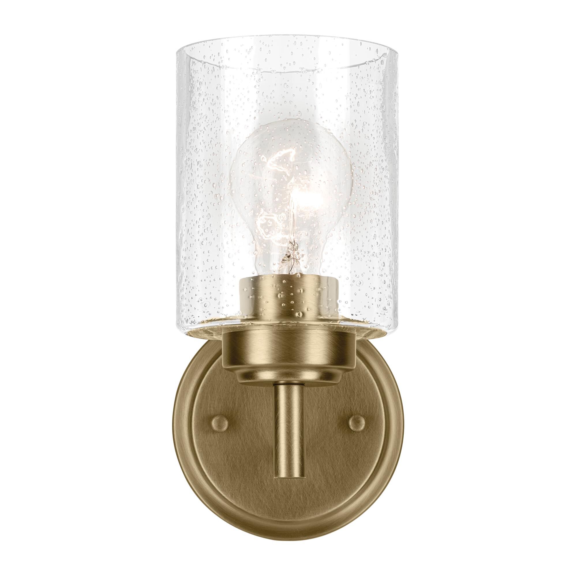 Shown in Natural Brass finish and Clear Seeded glass