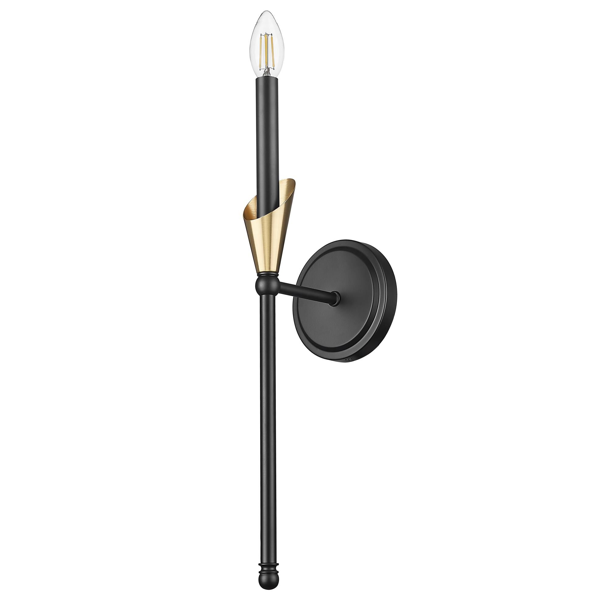 Shown in Matte Black And Modern Gold finish and White glass and White shade