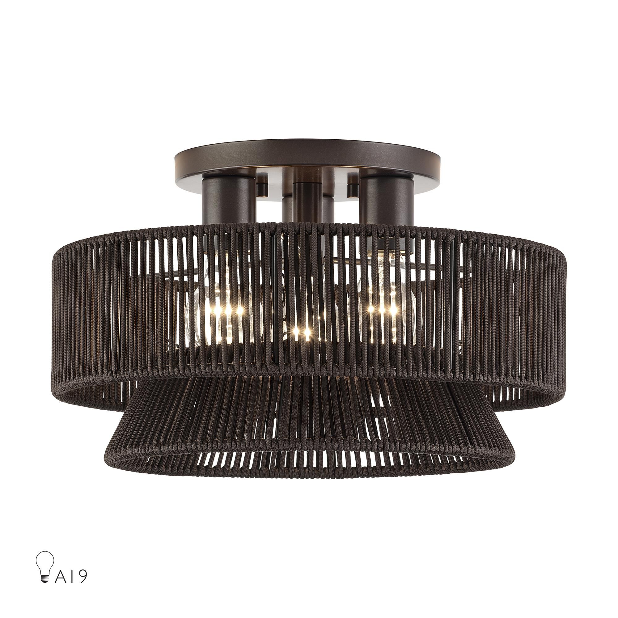 Shown in English Bronze finish and Hand-Woven Dark Chocolate Color Polyester Rope shade