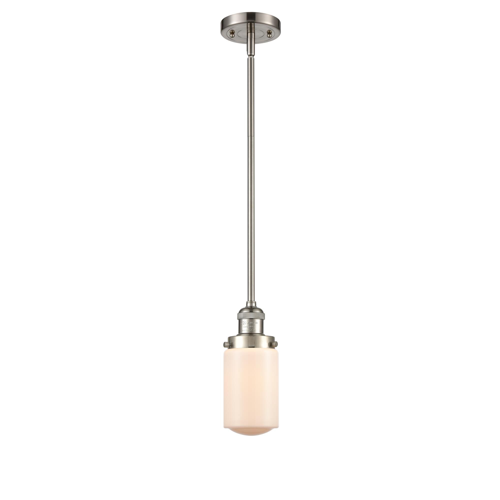 Shown in Brushed Satin Nickel finish and Frosted Matte White Cased Dover glass and Bulb Tint - Amber accent