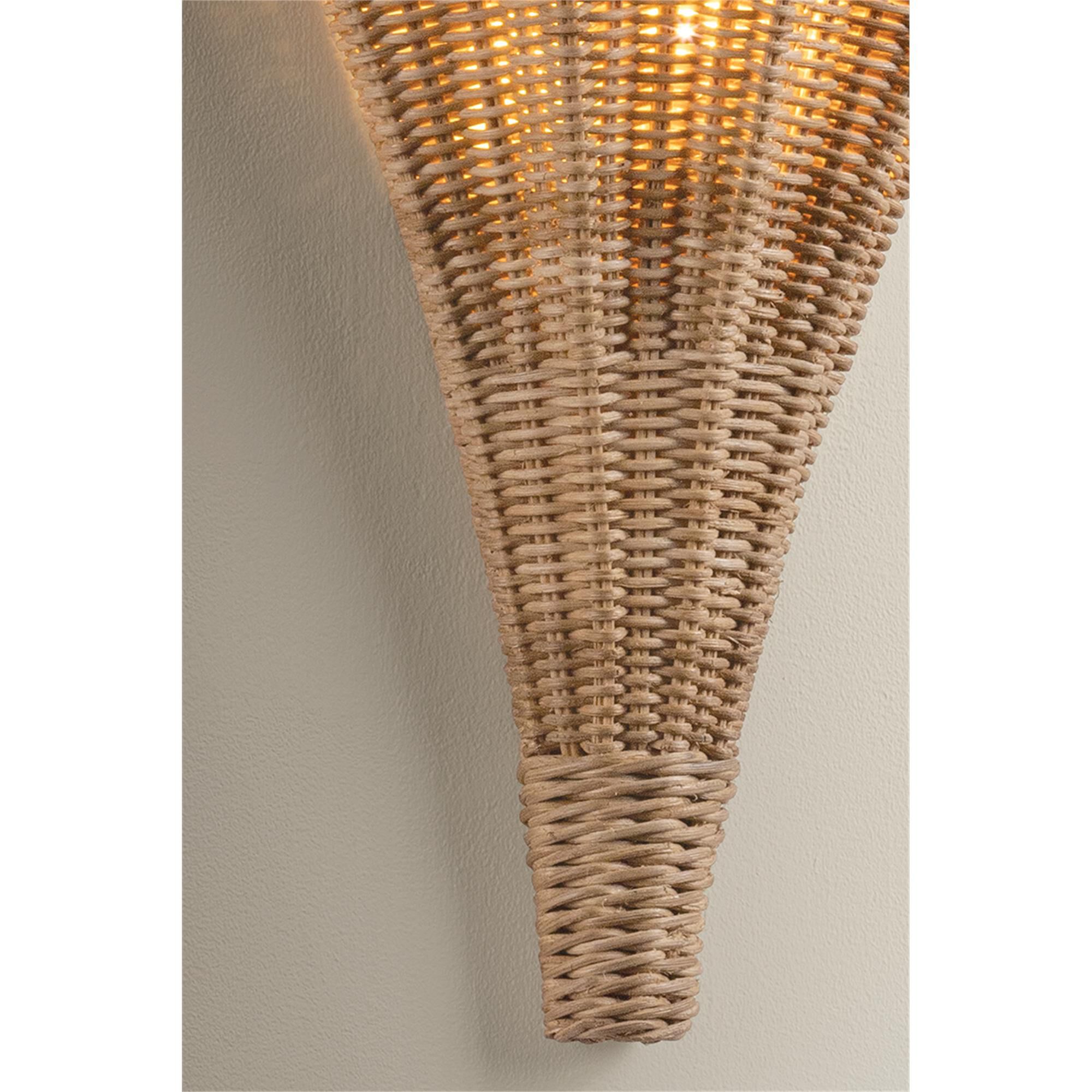 Shown in Vintage Gold Leaf finish and Natural Woven Light Natural Wicker shade