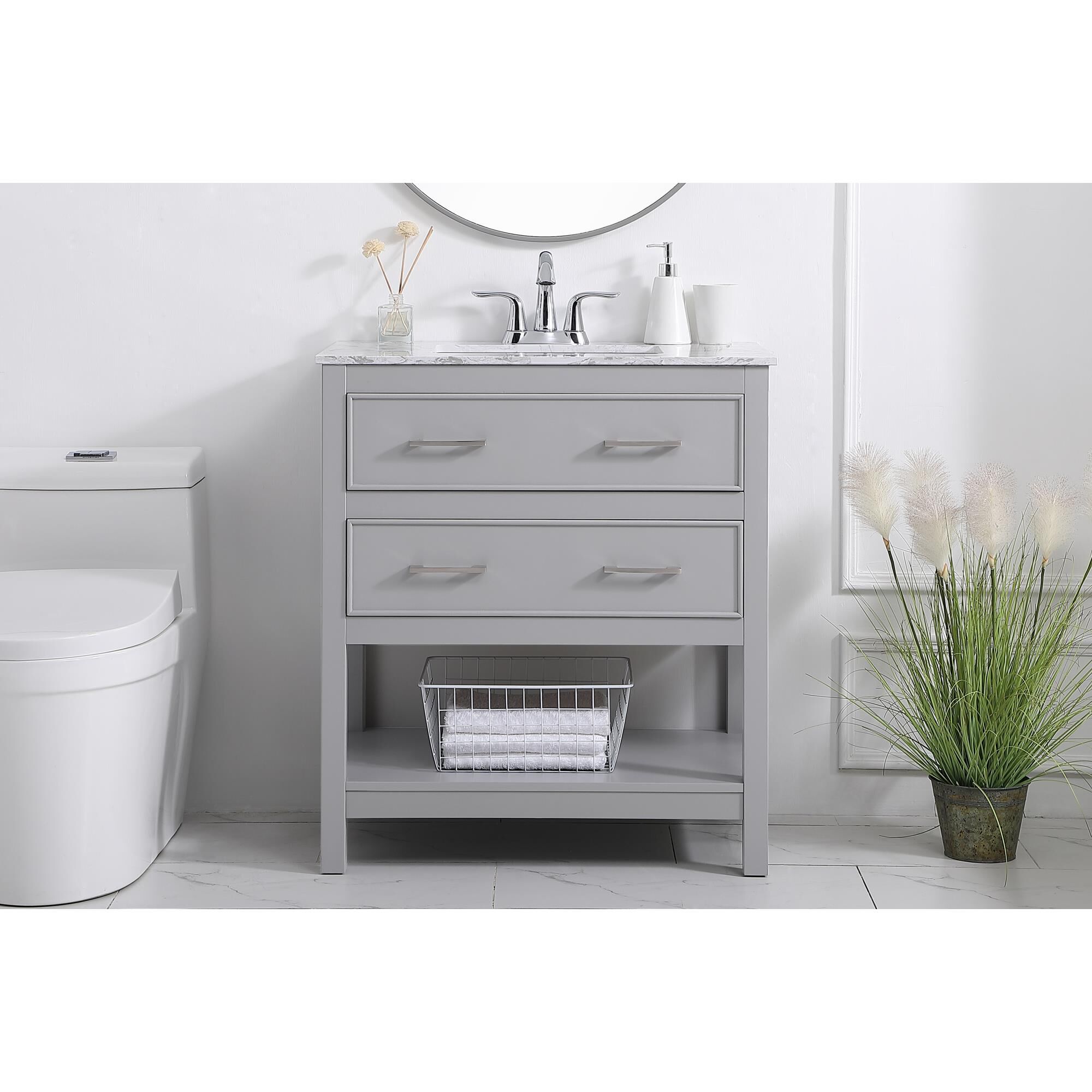 Shown in Grey And Brushed Nickel With Calacatta Quartz finish