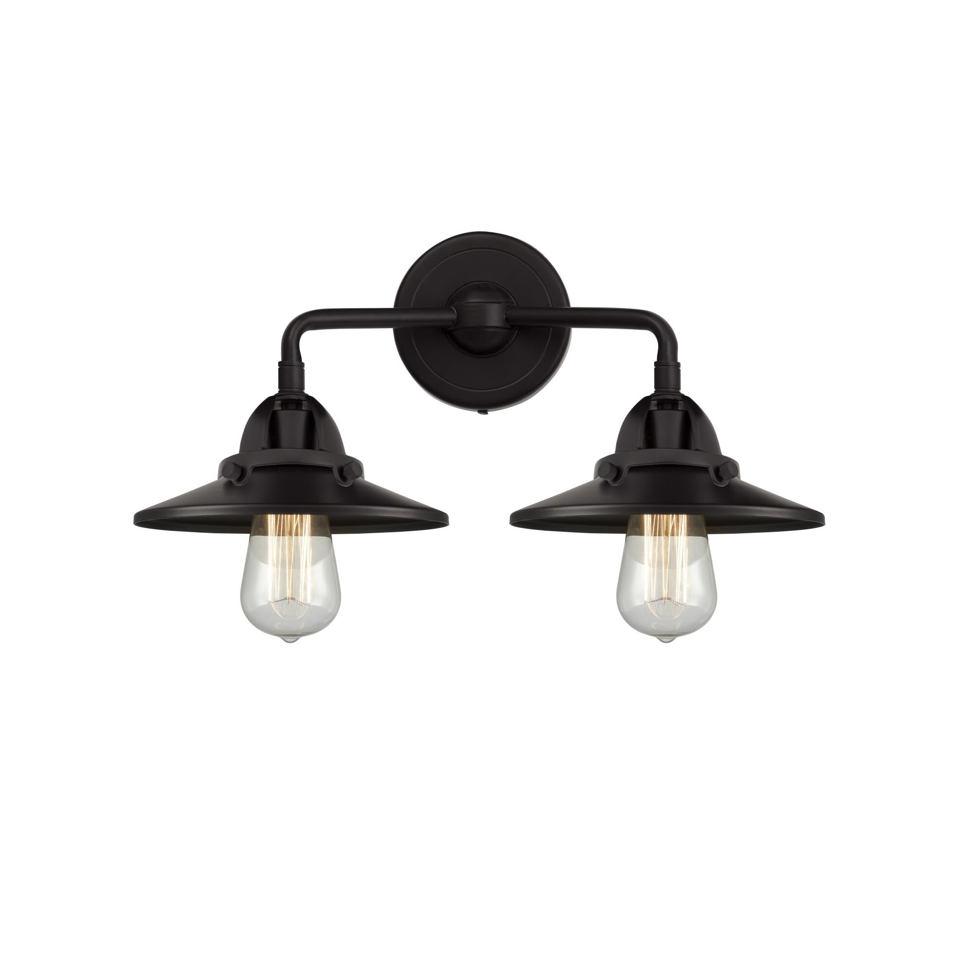 Shown in Oil Rubbed Bronze finish and No Glass glass and Oil Rubbed Bronze Railroad shade