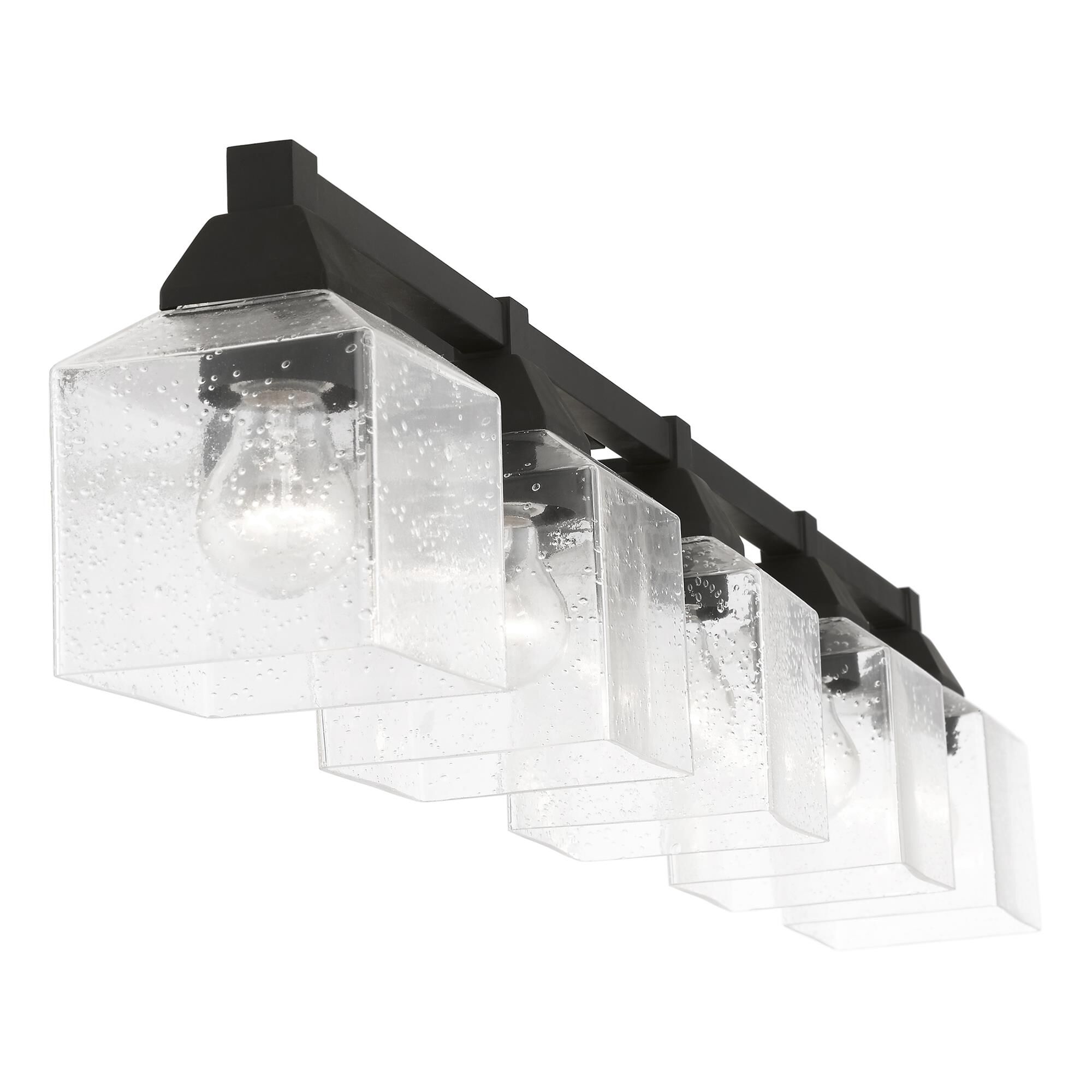 Shown in Black finish and Hand Blown Clear Seeded glass