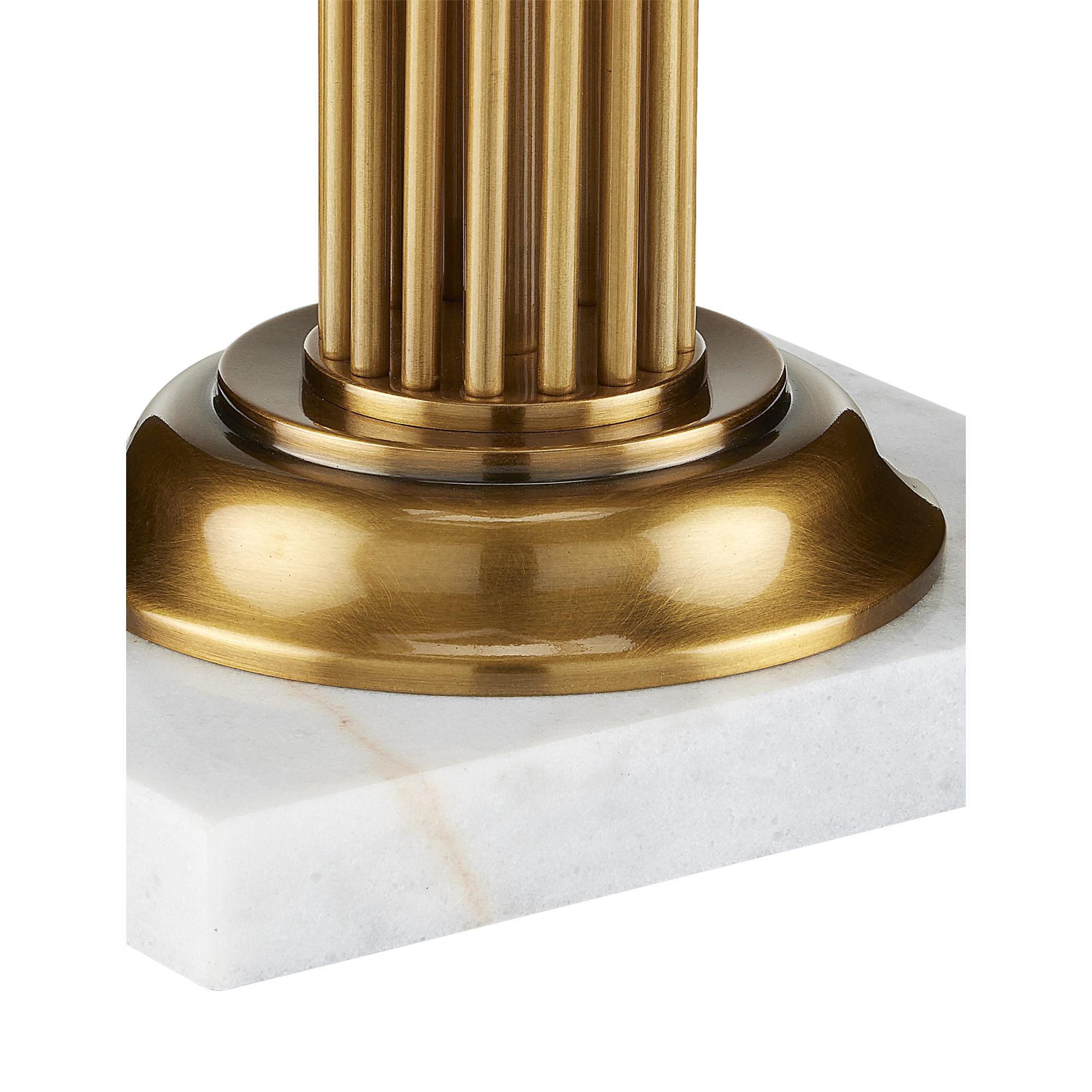 Shown in Antique Brass and White Marble finish and Bone Linen shade