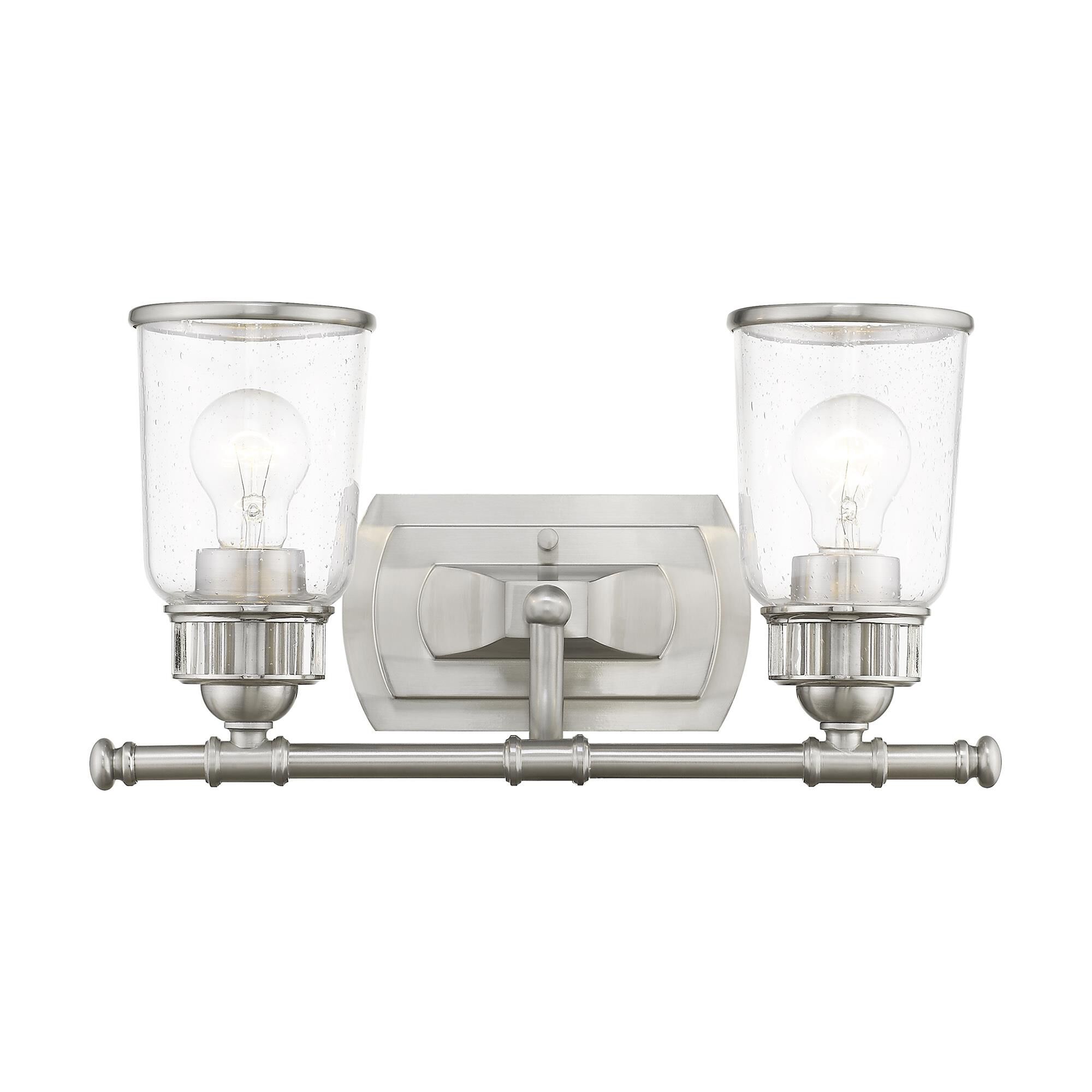 Shown in Brushed Nickel finish and Hand Blown Clear Seeded glass