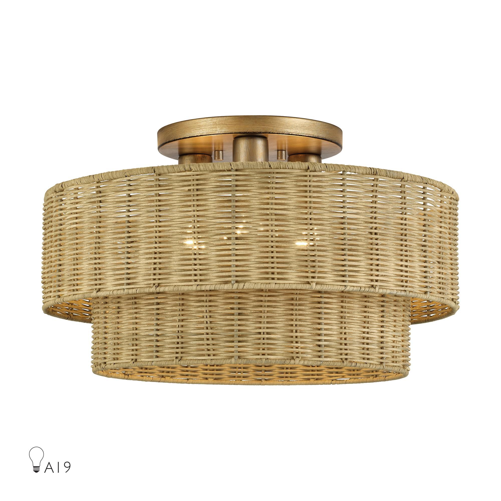 Shown in Antique Gold Leaf finish and Hand-Woven Rustic Walnut Color Rattan shade