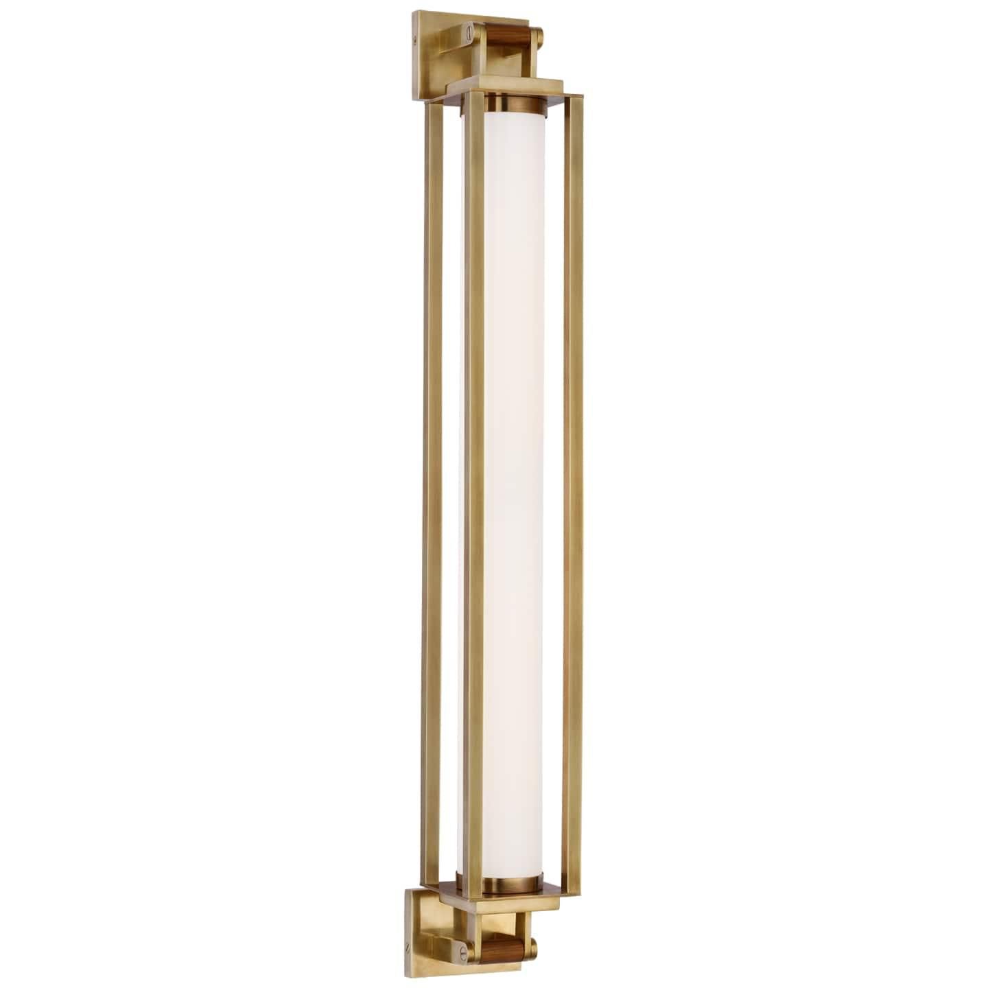 Shown in Natural Brass And Teak finish and White Glass shade